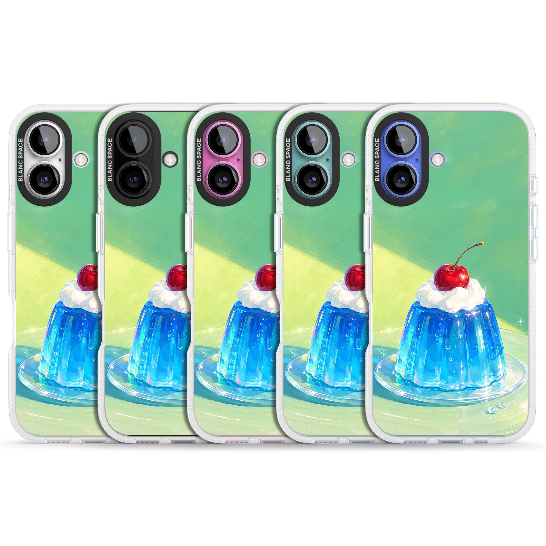 Cherry Jelly kawaii dessert iPhone case featuring blue jelly pudding, whipped cream and a red cherry | Clear Case Impact Air case for iPhone 16, iPhone 16 Plus