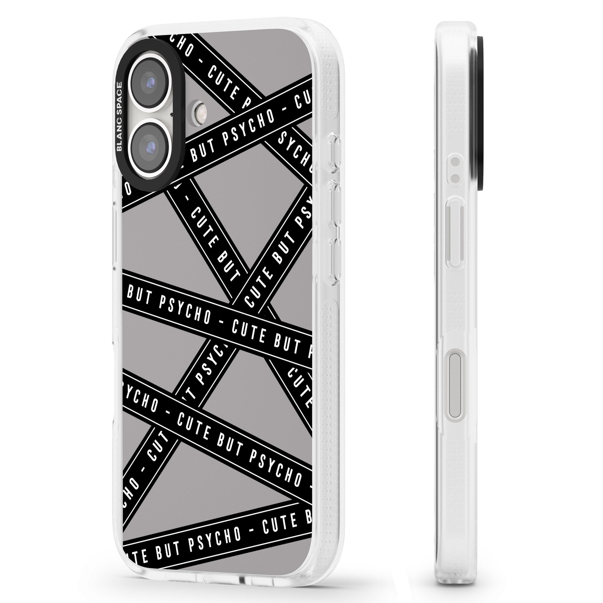 Caution Tape Phrases Cute But Psycho iPhone 16 / 16 Plus Clear Case Impact Air - Blanc Space