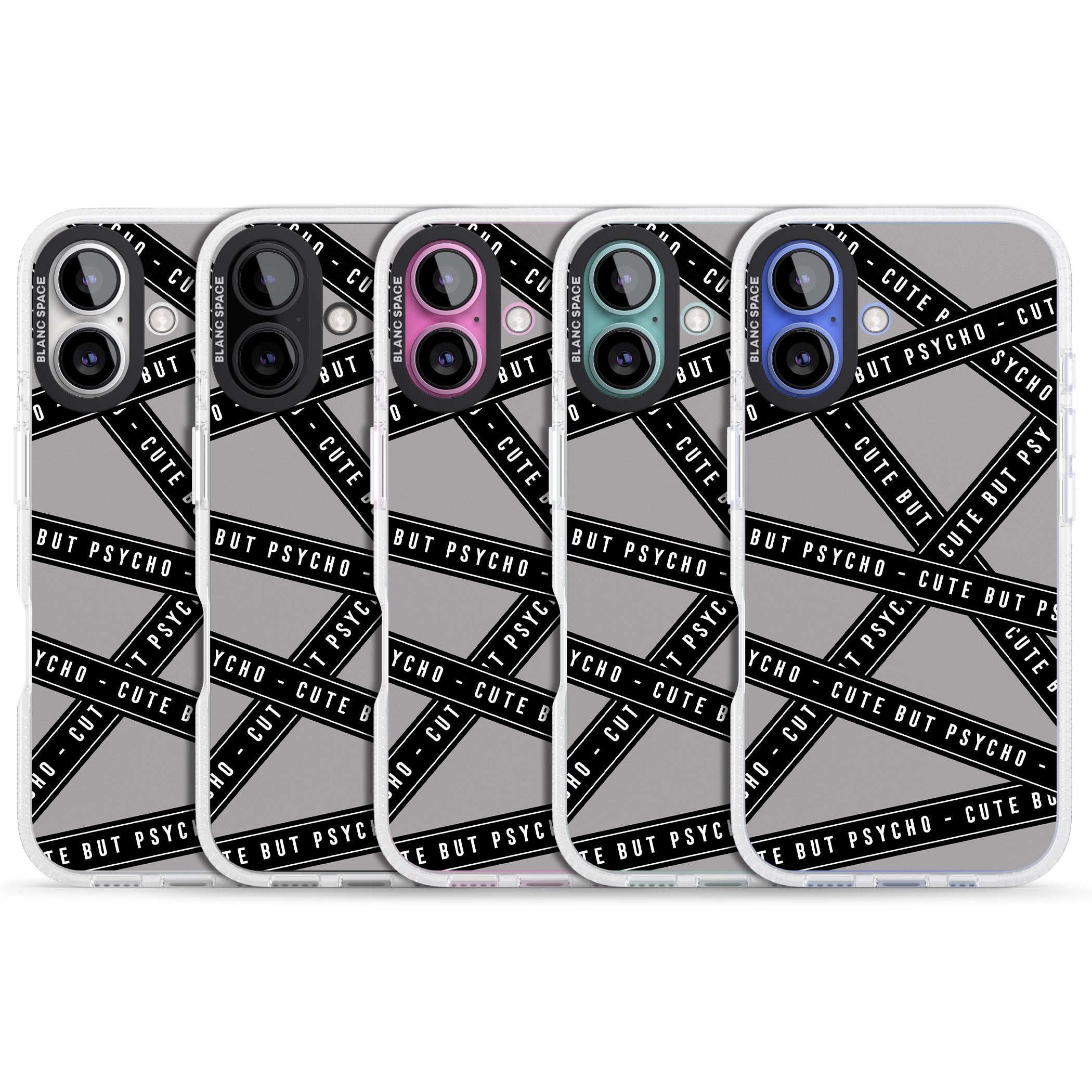 Caution Tape Phrases Cute But Psycho iPhone 16 / 16 Plus Clear Case Impact Air - Blanc Space