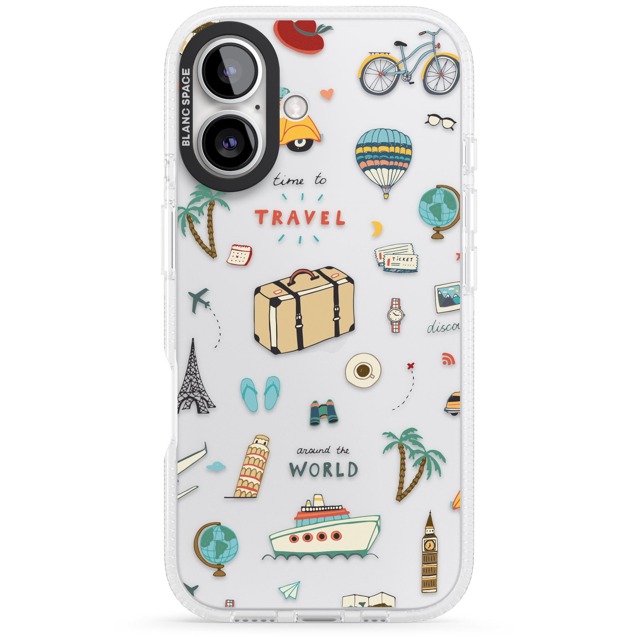 Cute Travel Pattern Transparent iPhone 16 / 16 Plus Clear Case Impact Air - Blanc Space