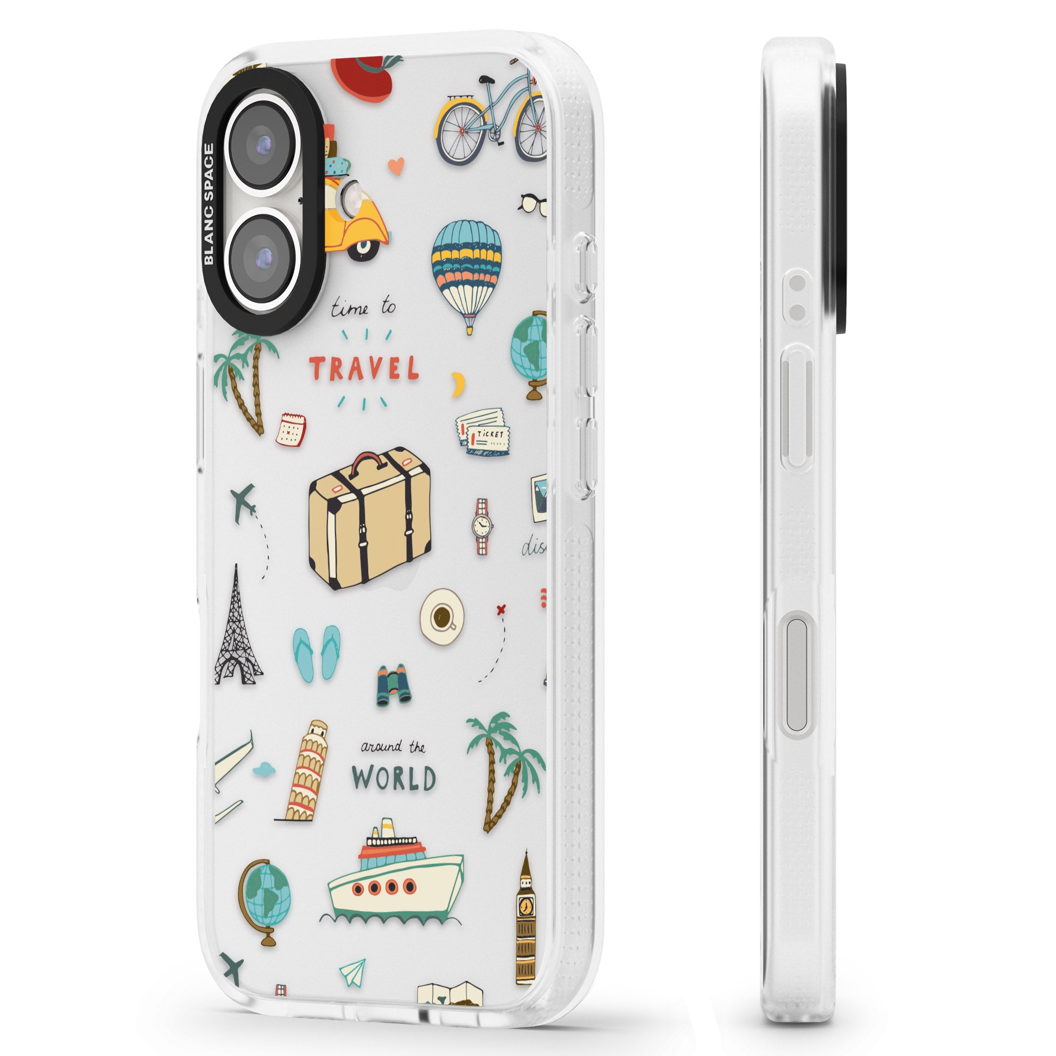 Cute Travel Pattern Transparent iPhone 16 / 16 Plus Clear Case Impact Air - Blanc Space