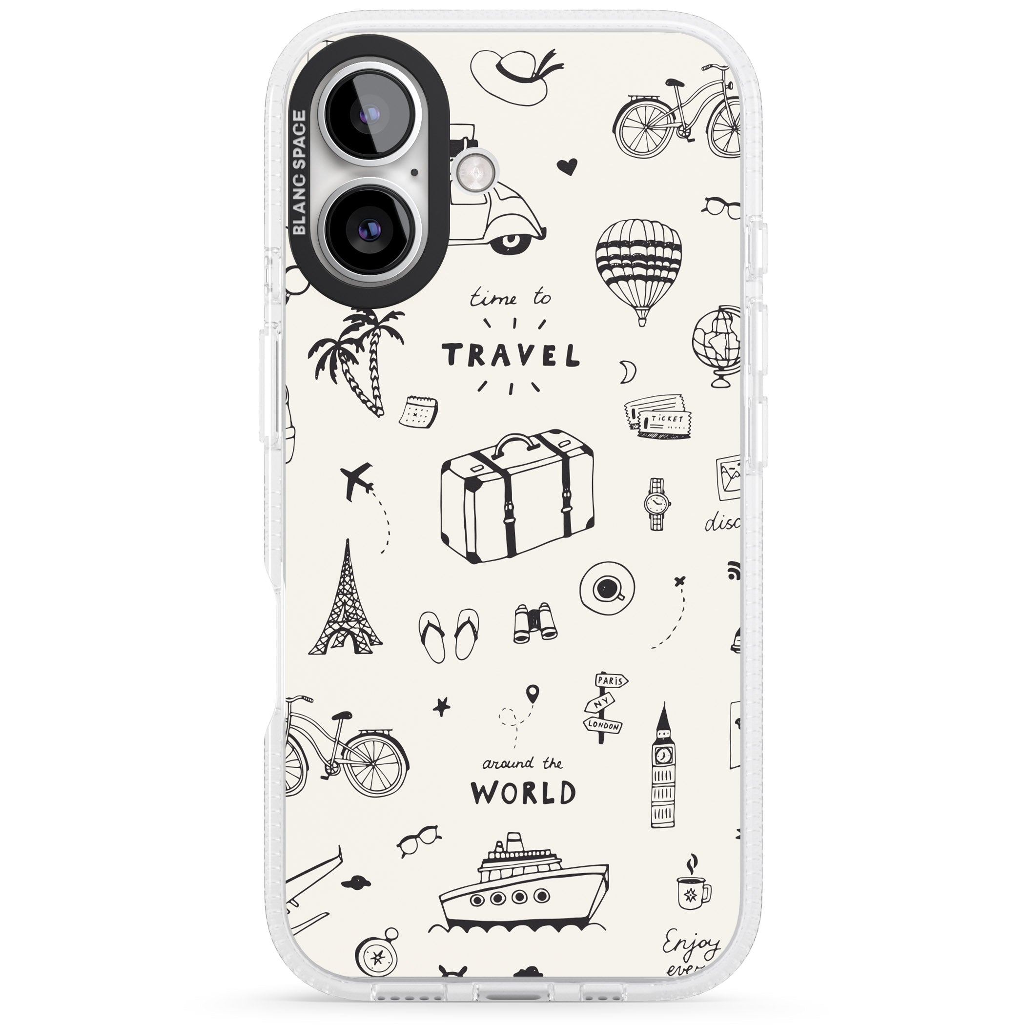 Cute Travel Pattern, White on iPhone 16 / 16 Plus Clear Case Impact Air - Blanc Space