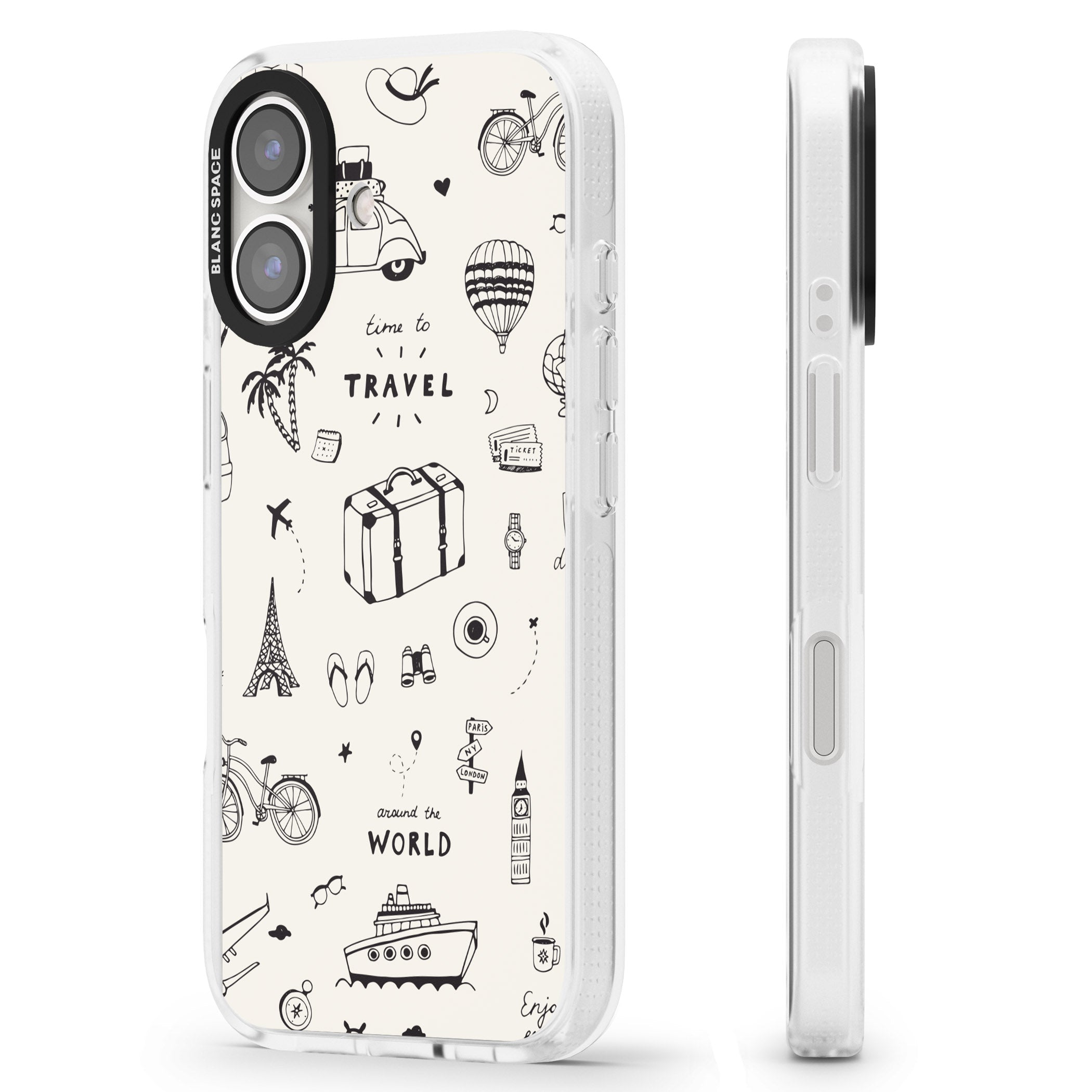 Cute Travel Pattern, White on iPhone 16 / 16 Plus Clear Case Impact Air - Blanc Space