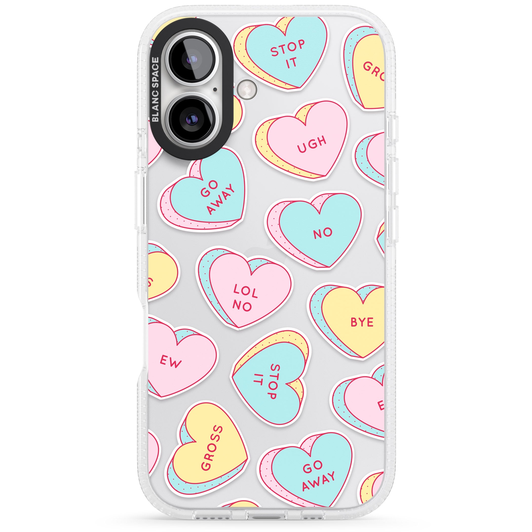 Sarcastic Love Hearts iPhone 16 / 16 Plus Clear Case Impact Air - Blanc Space