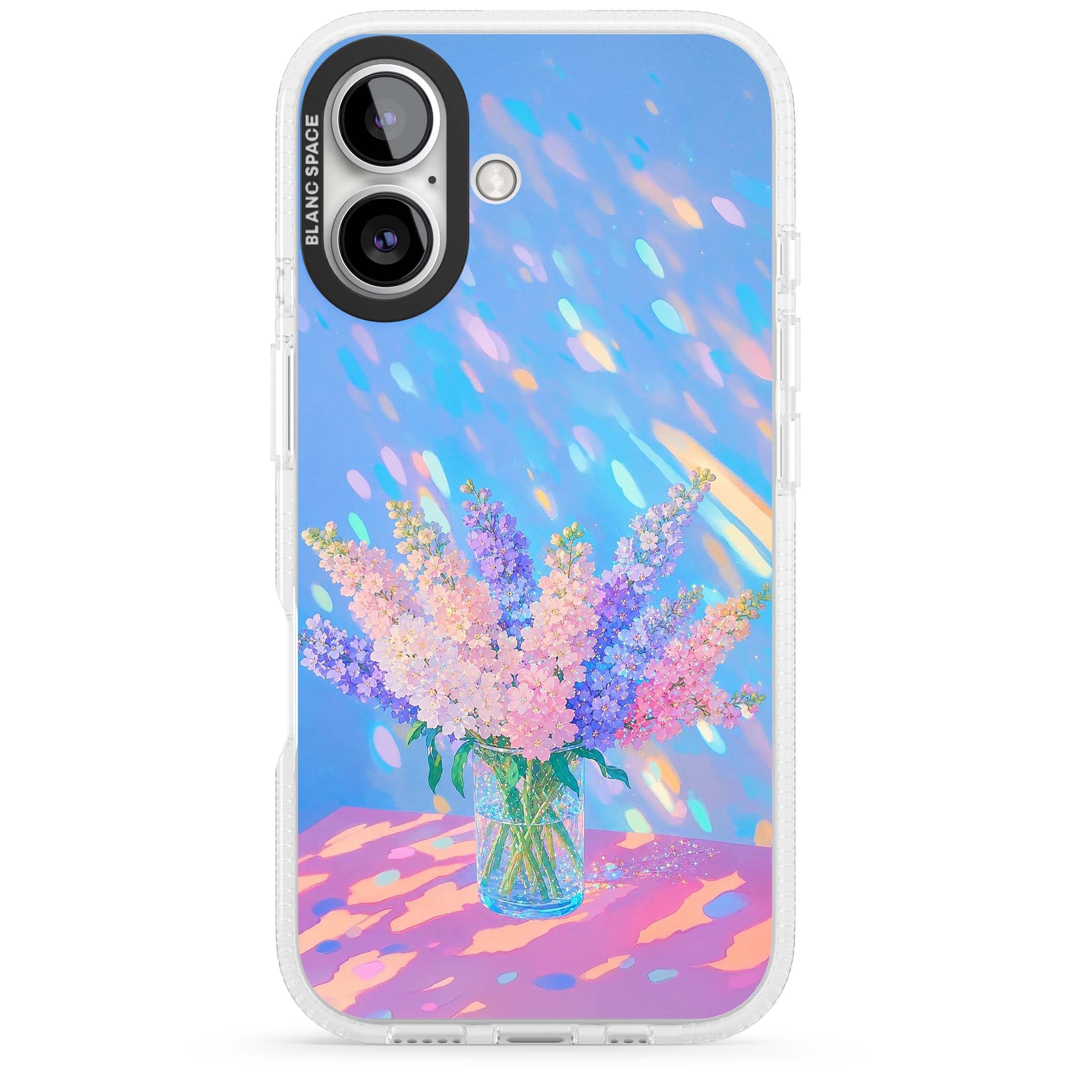 Bubblegum Flowers floral iPhone case featuring pastel lilac and pink bouquet in a glass vase with iridescent light | Clear Case Impact Air case for iPhone 16, iPhone 16 Plus