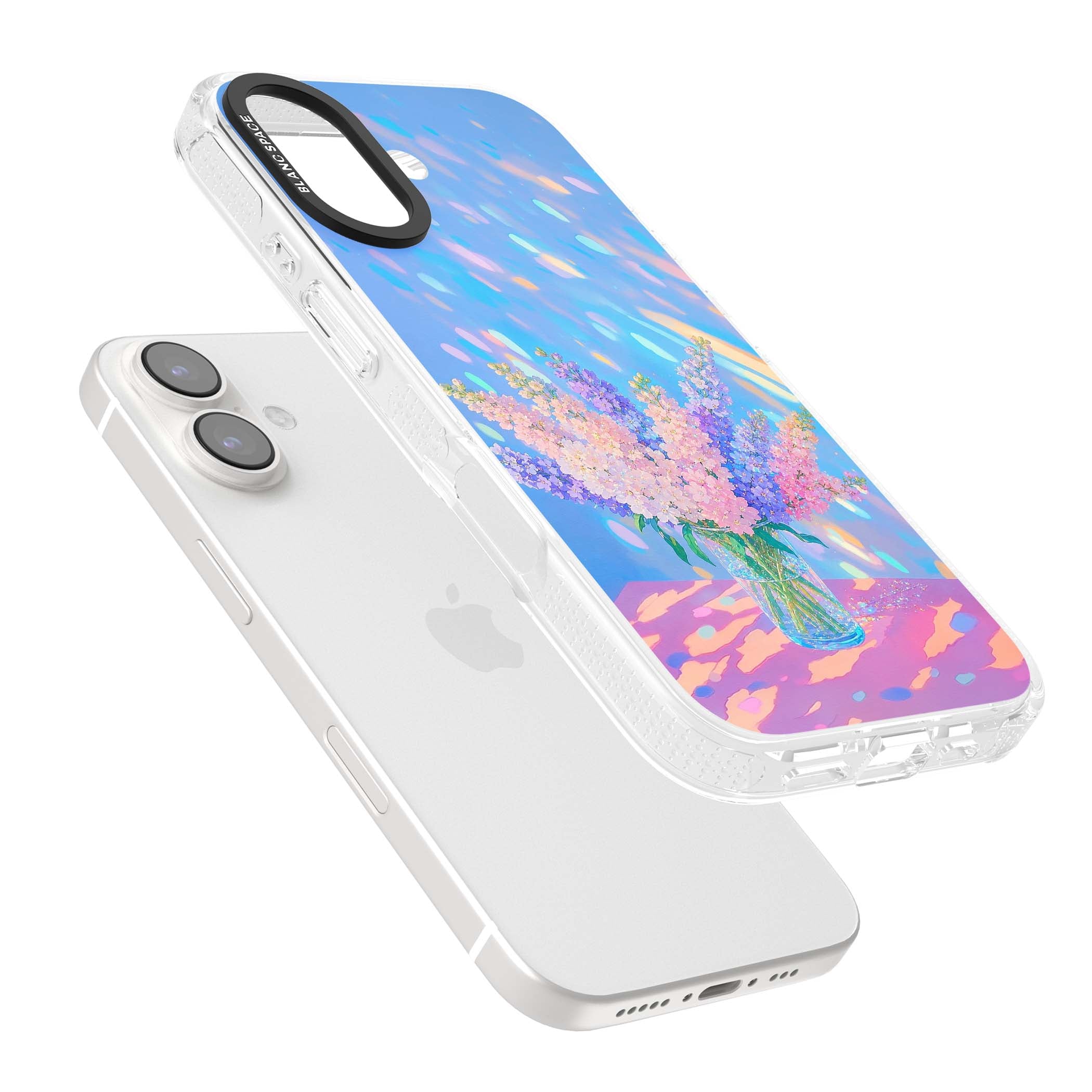 Bubblegum Flowers floral iPhone case featuring pastel lilac and pink bouquet in a glass vase with iridescent light | Clear Case Impact Air case for iPhone 16, iPhone 16 Plus