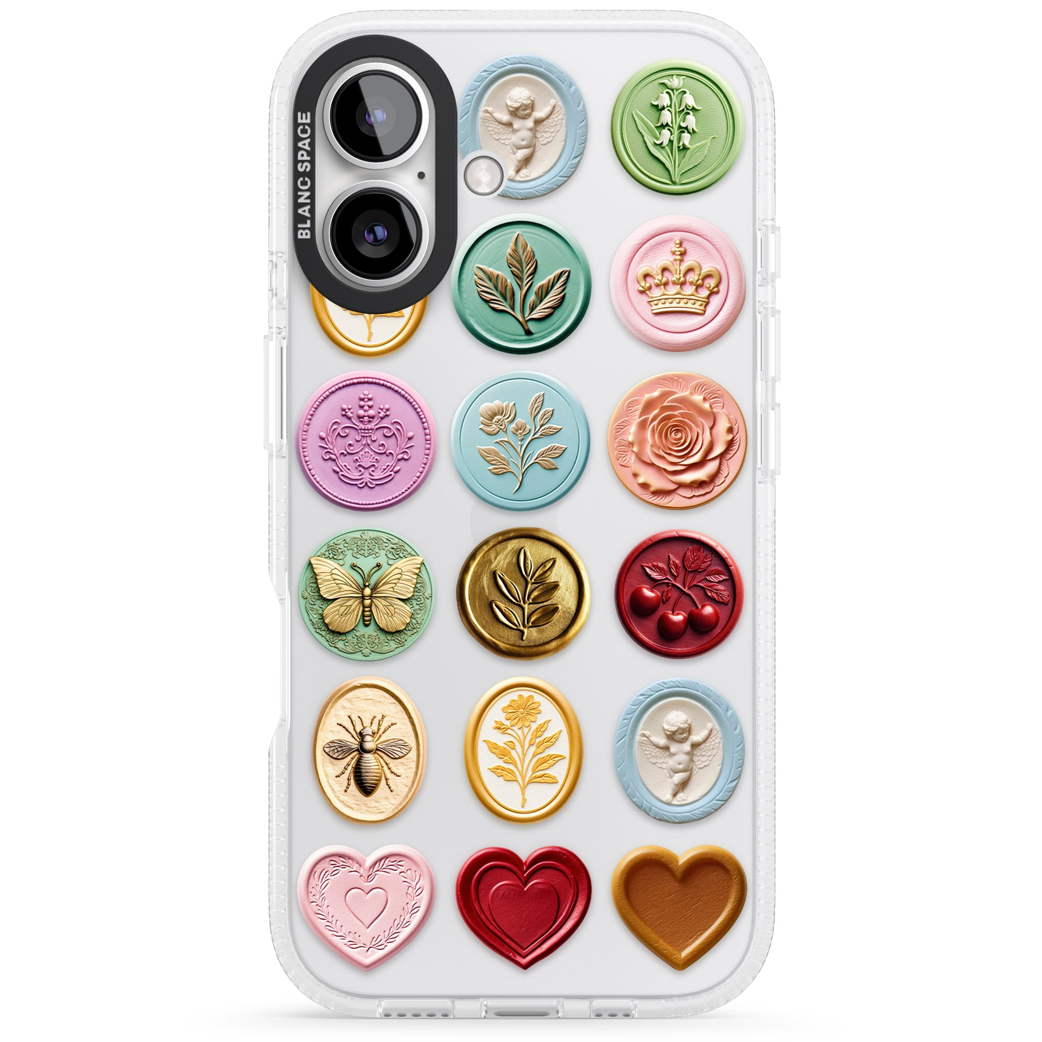 Vintage Wax Seal pattern iPhone 16 / 16 Plus Clear Case Impact Air - Blanc Space
