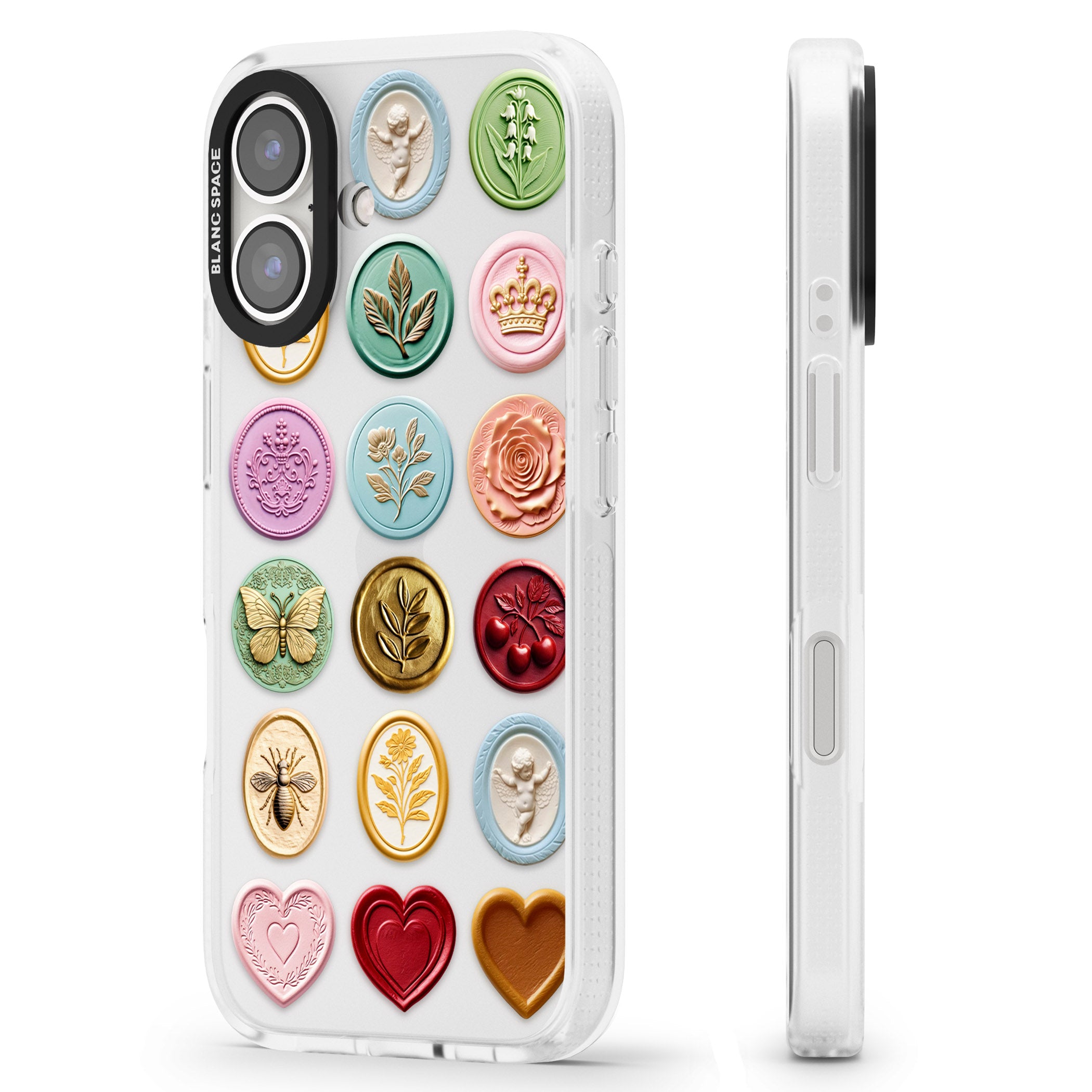 Vintage Wax Seal pattern iPhone 16 / 16 Plus Clear Case Impact Air - Blanc Space
