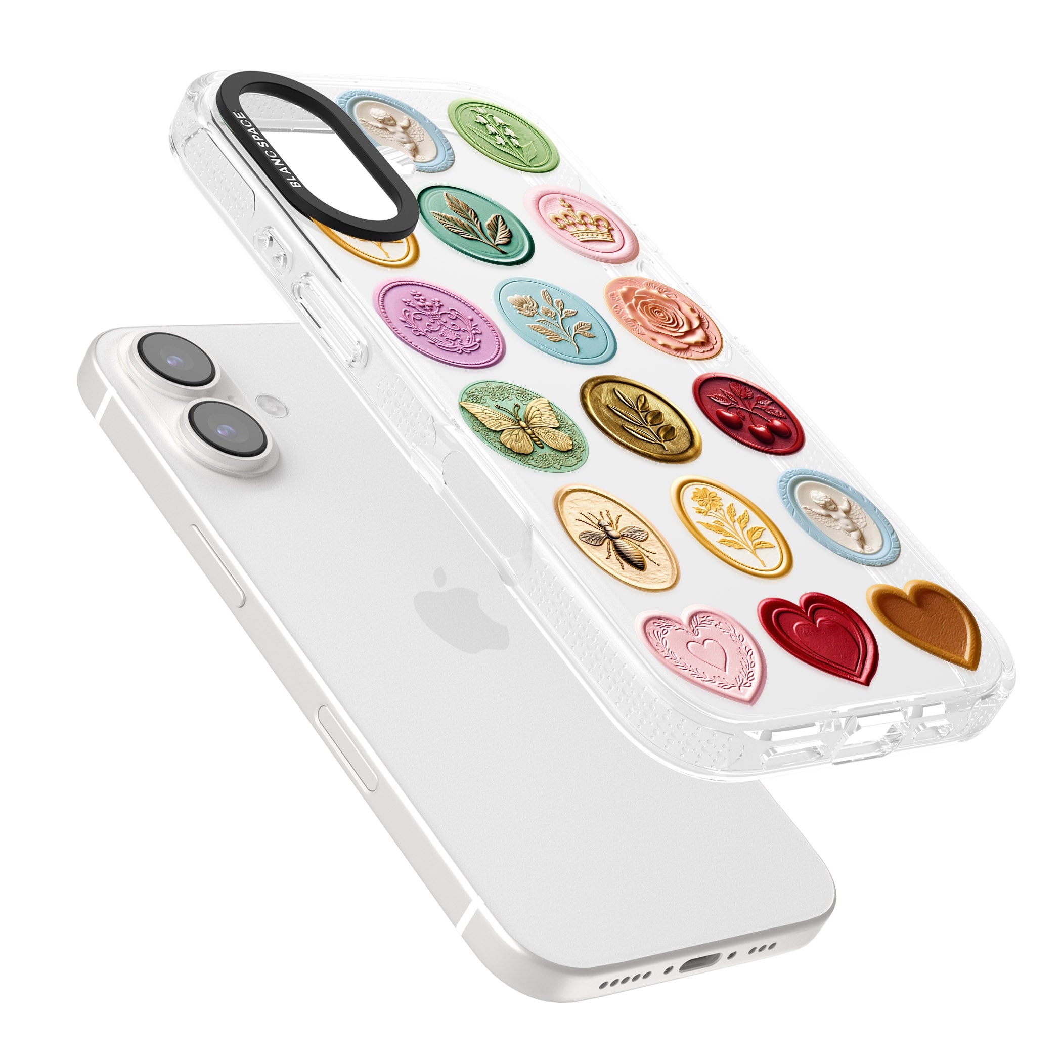 Vintage Wax Seal pattern iPhone 16 / 16 Plus Clear Case Impact Air - Blanc Space
