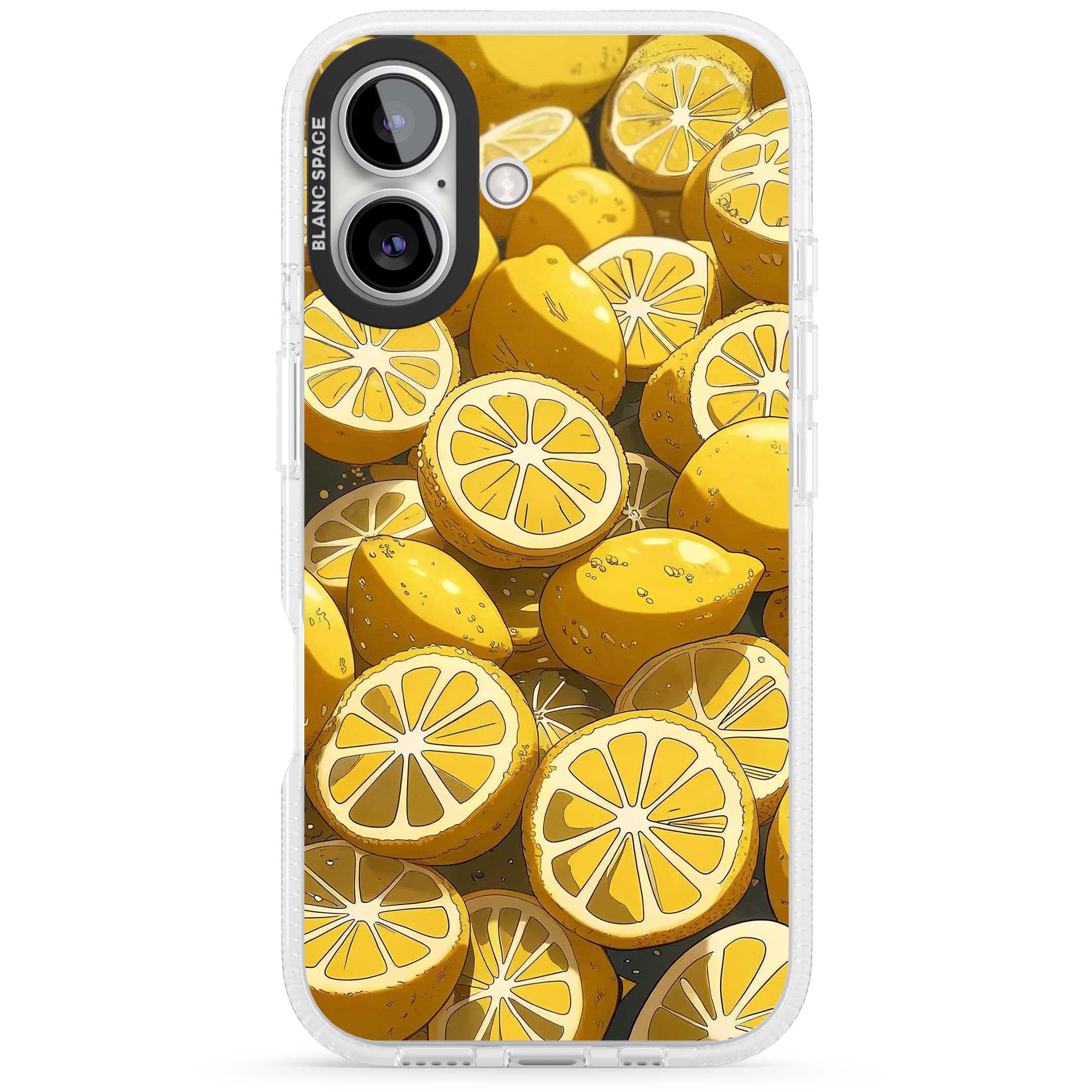 Zesty coastal iPhone case featuring illustrated Mediterranean lemons and citrus slices in golden yellow | Clear Case Impact Air case for iPhone 16, iPhone 16 Plus