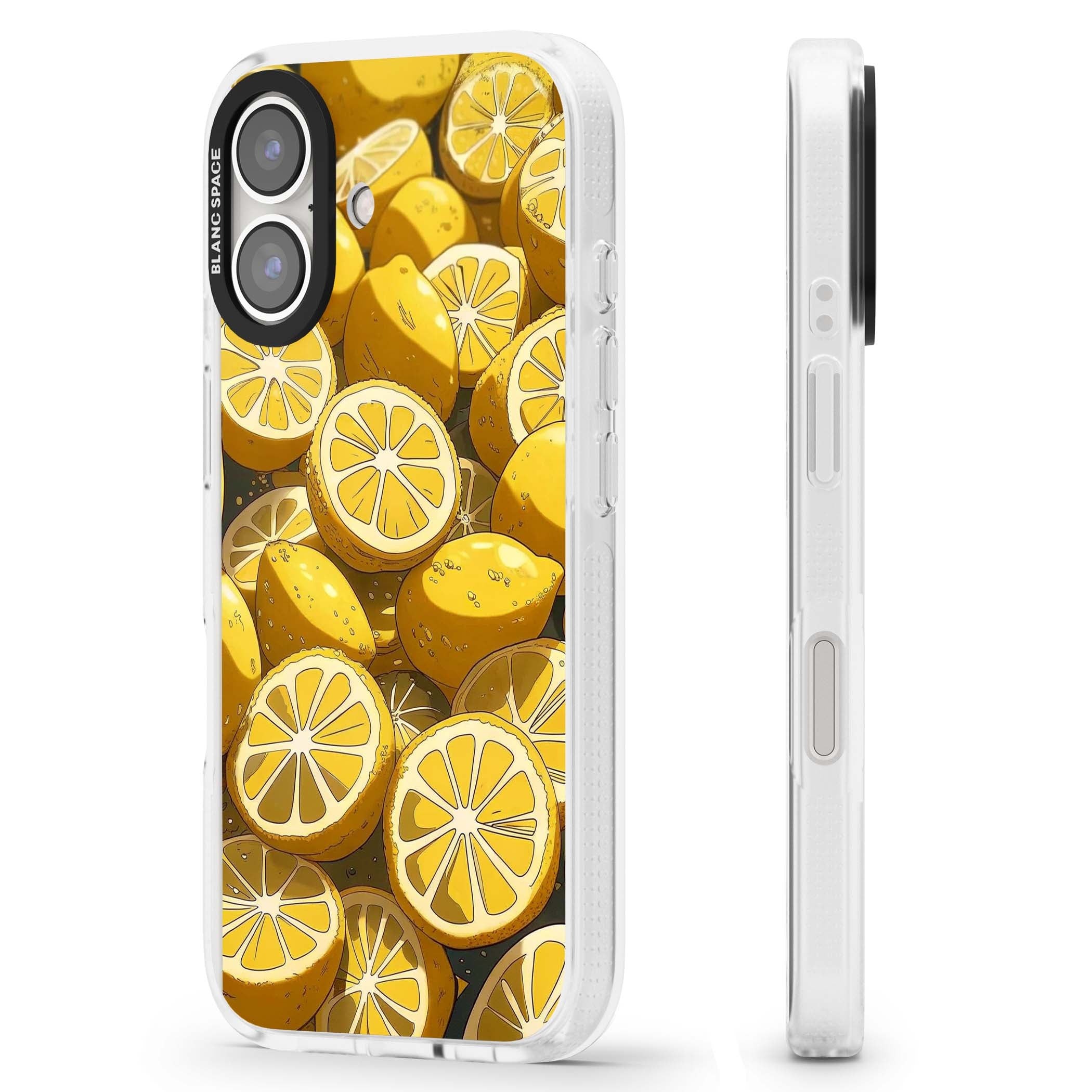 Zesty coastal iPhone case featuring illustrated Mediterranean lemons and citrus slices in golden yellow | Clear Case Impact Air case for iPhone 16, iPhone 16 Plus