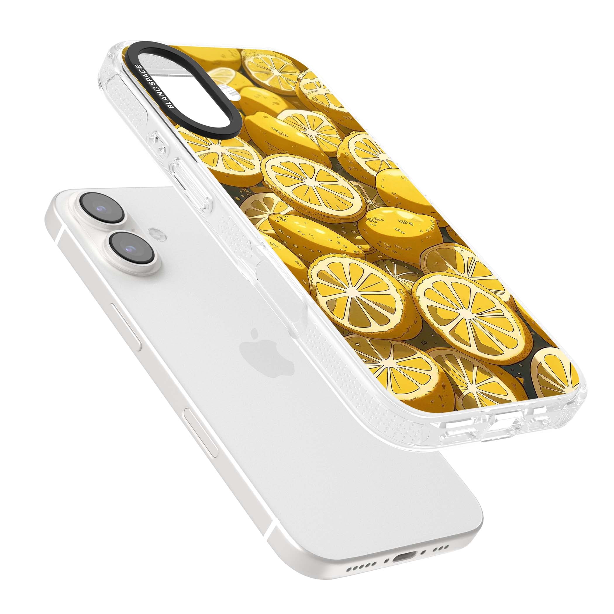 Zesty coastal iPhone case featuring illustrated Mediterranean lemons and citrus slices in golden yellow | Clear Case Impact Air case for iPhone 16, iPhone 16 Plus