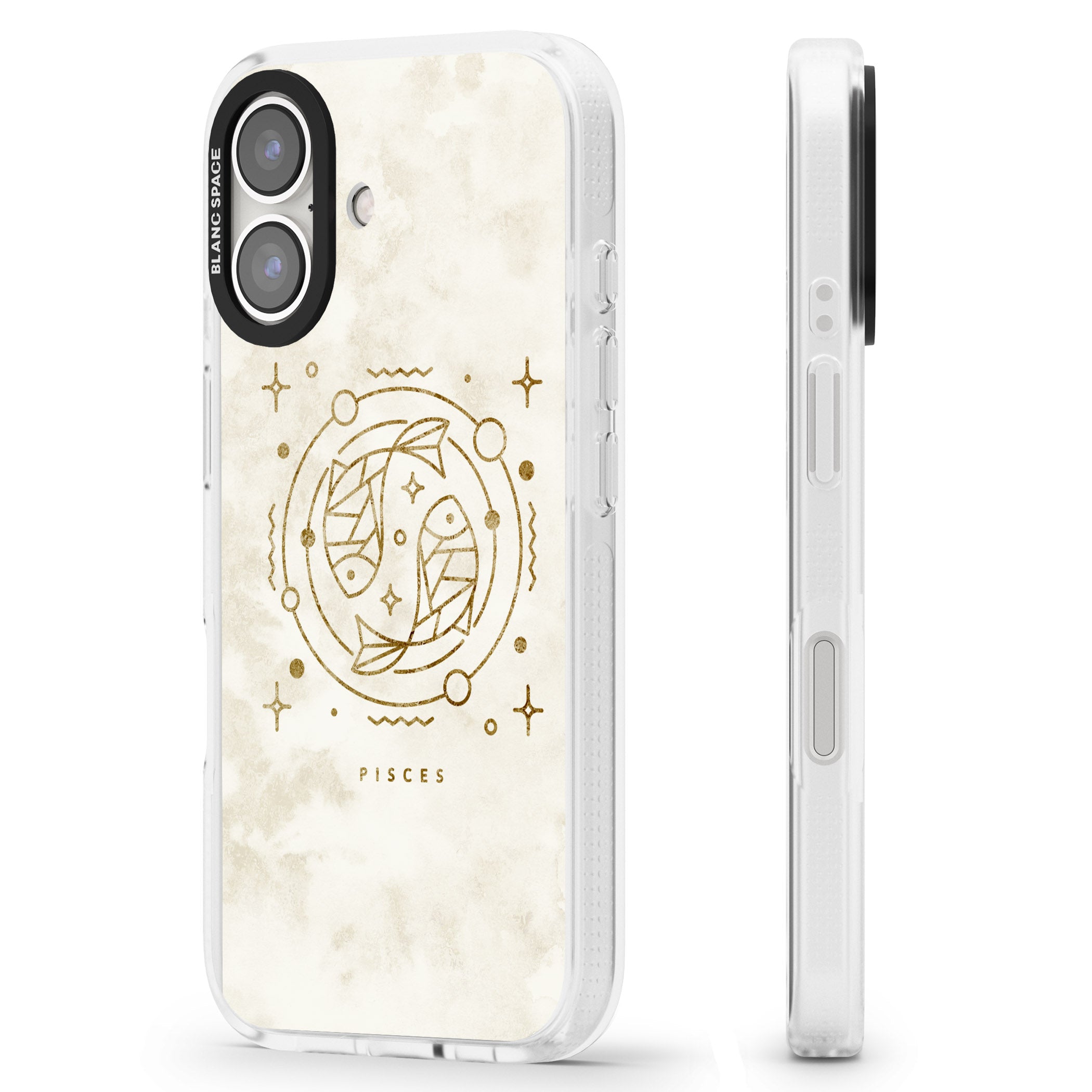 Pisces Emblem - Solid Gold Marbled Design iPhone 16 / 16 Plus Clear Case Impact Air - Blanc Space