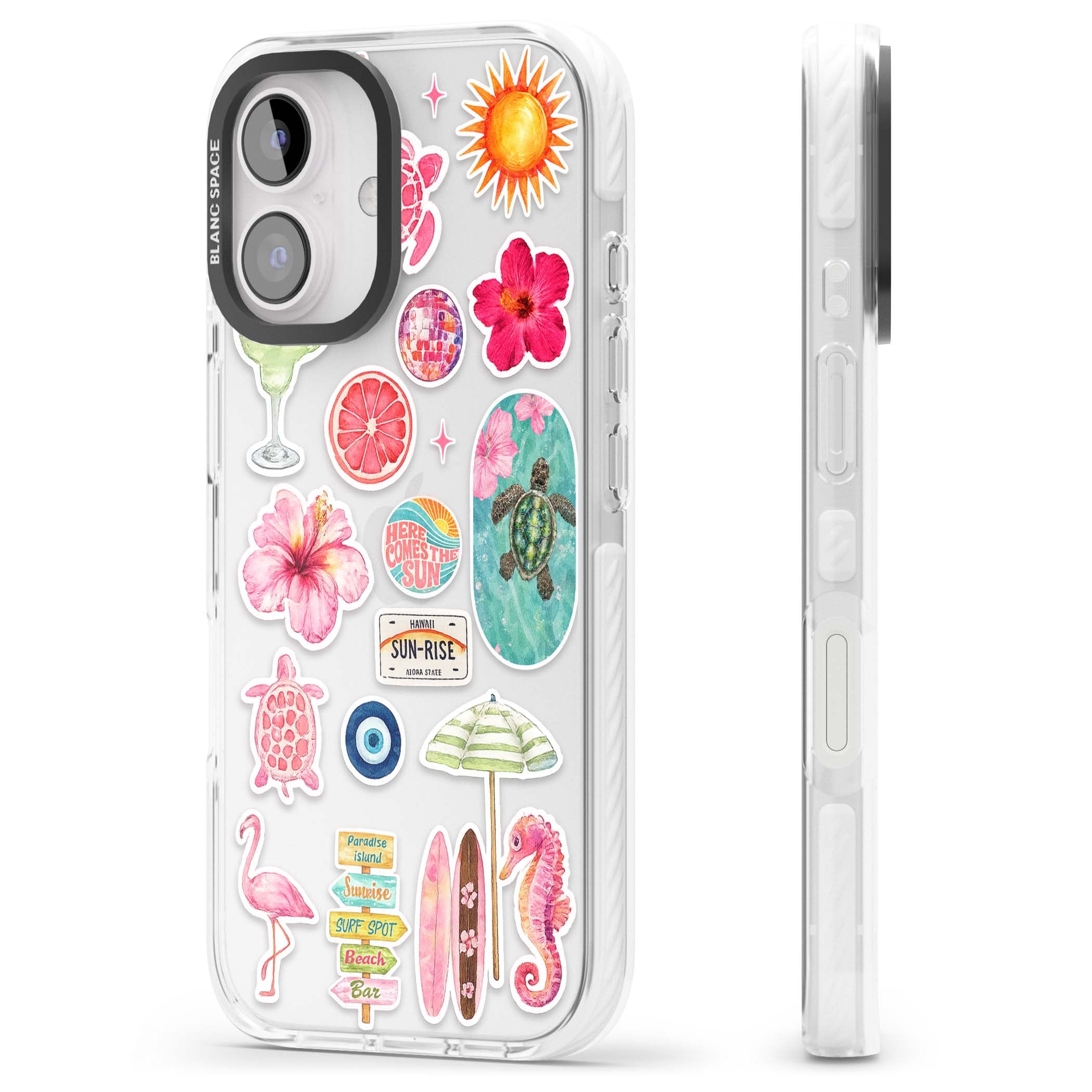 Aloha Sticker Mix tropical summer iPhone case featuring pink hibiscus, sea turtles, flamingo and beach umbrella stickers | Clear Impact case for iPhone 16, iPhone 16 Plus