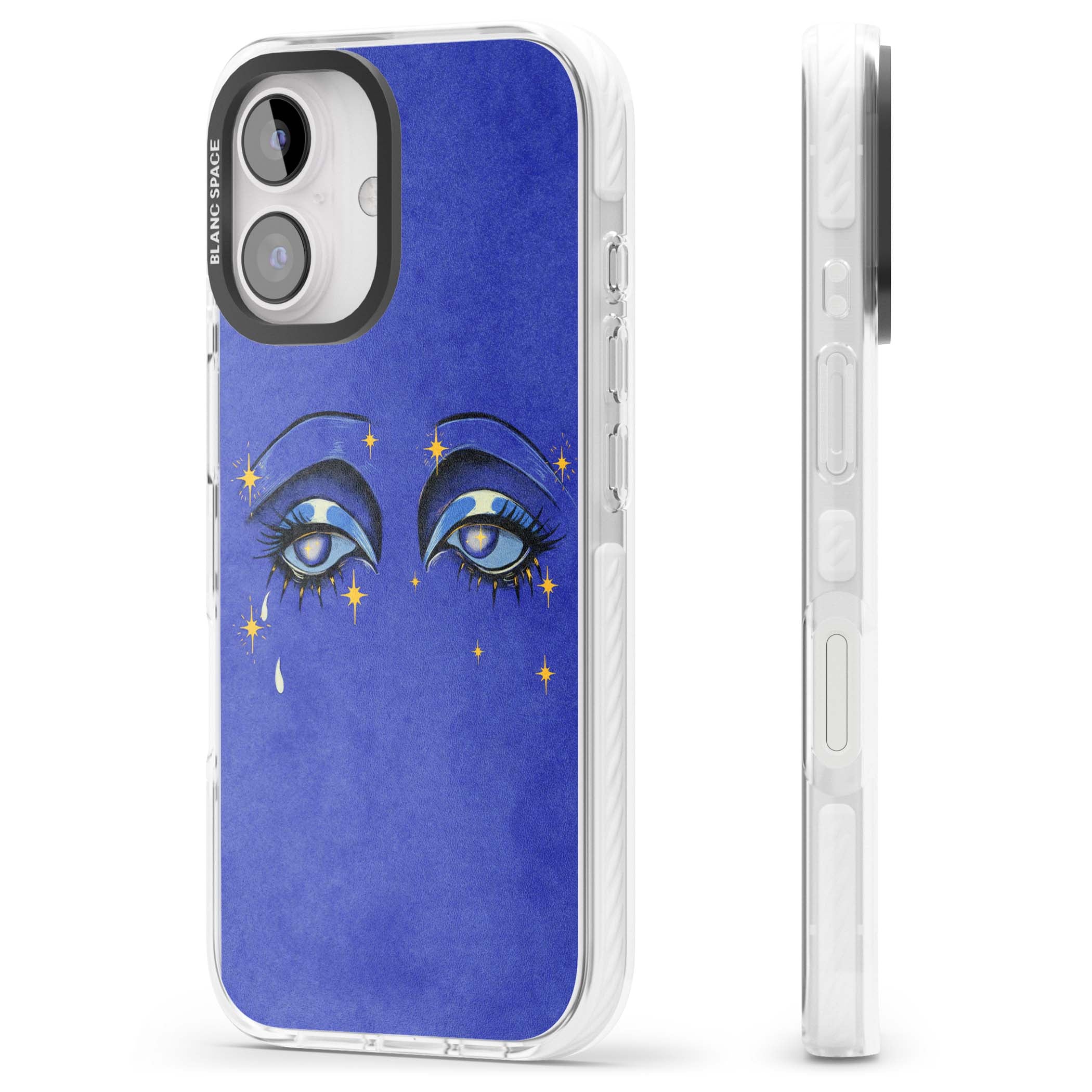 Blue Mystic Eyes celestial iPhone case featuring hand drawn blue mystical eyes, golden stars and a painted tear on indigo | Clear Impact case for iPhone 16, iPhone 16 Plus