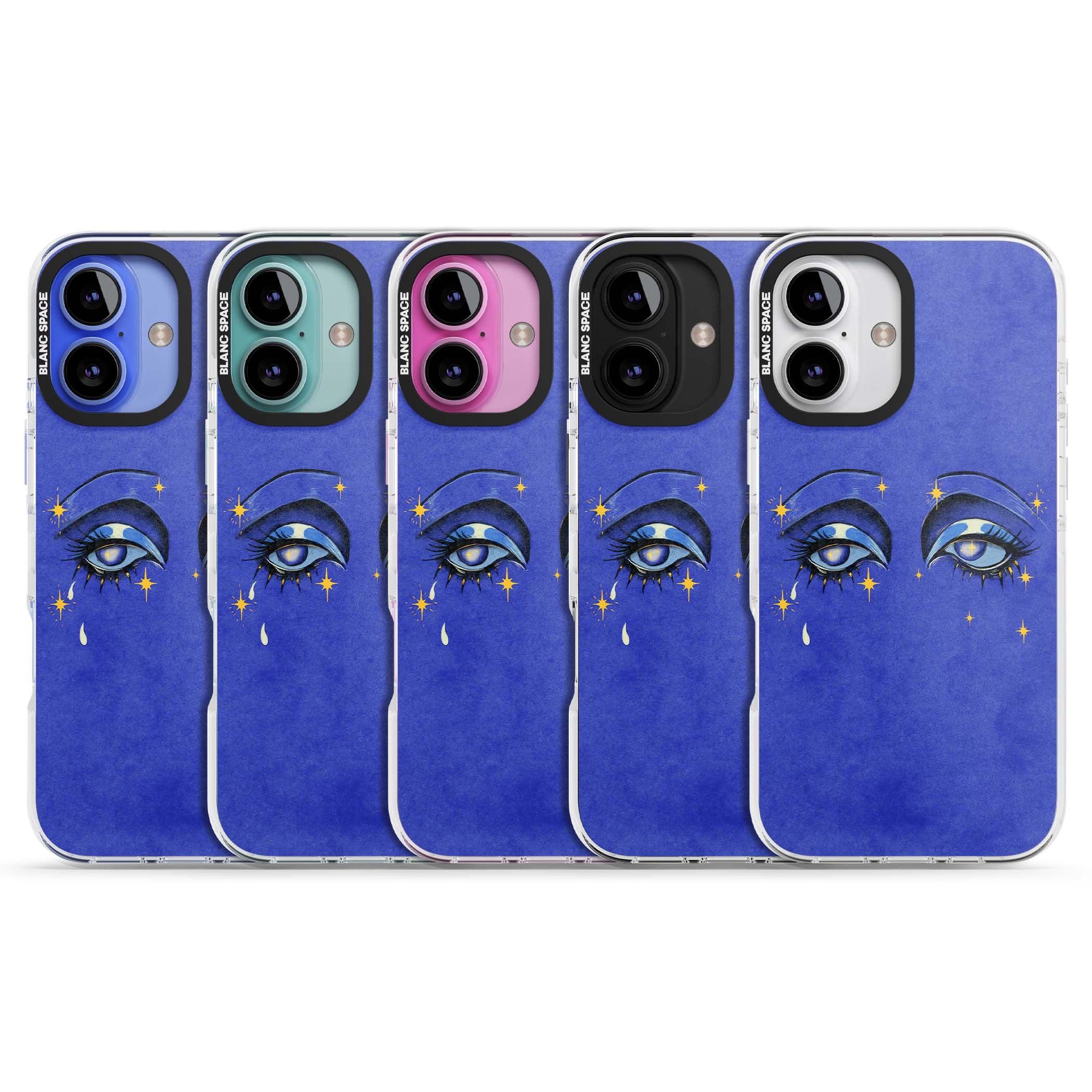 Blue Mystic Eyes celestial iPhone case featuring hand drawn blue mystical eyes, golden stars and a painted tear on indigo | Clear Impact case for iPhone 16, iPhone 16 Plus