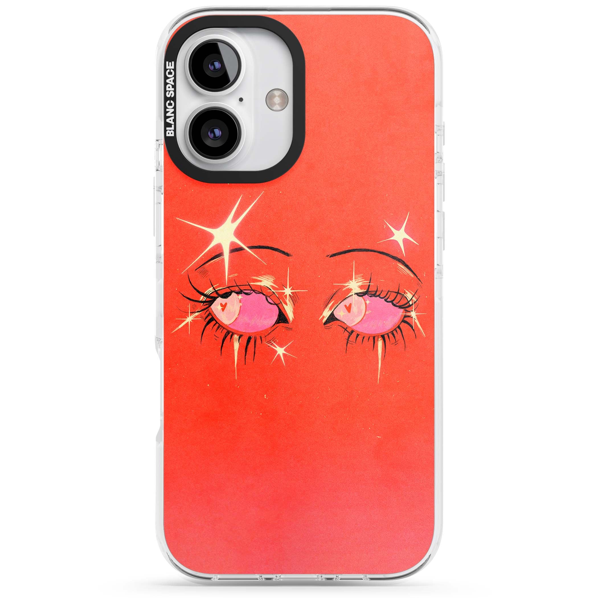Pink Ethereal Eyes anime iPhone case featuring hand-drawn sparkly eyes with pink hearts and gold stars on red | Clear Impact case for iPhone 16, iPhone 16 Plus
