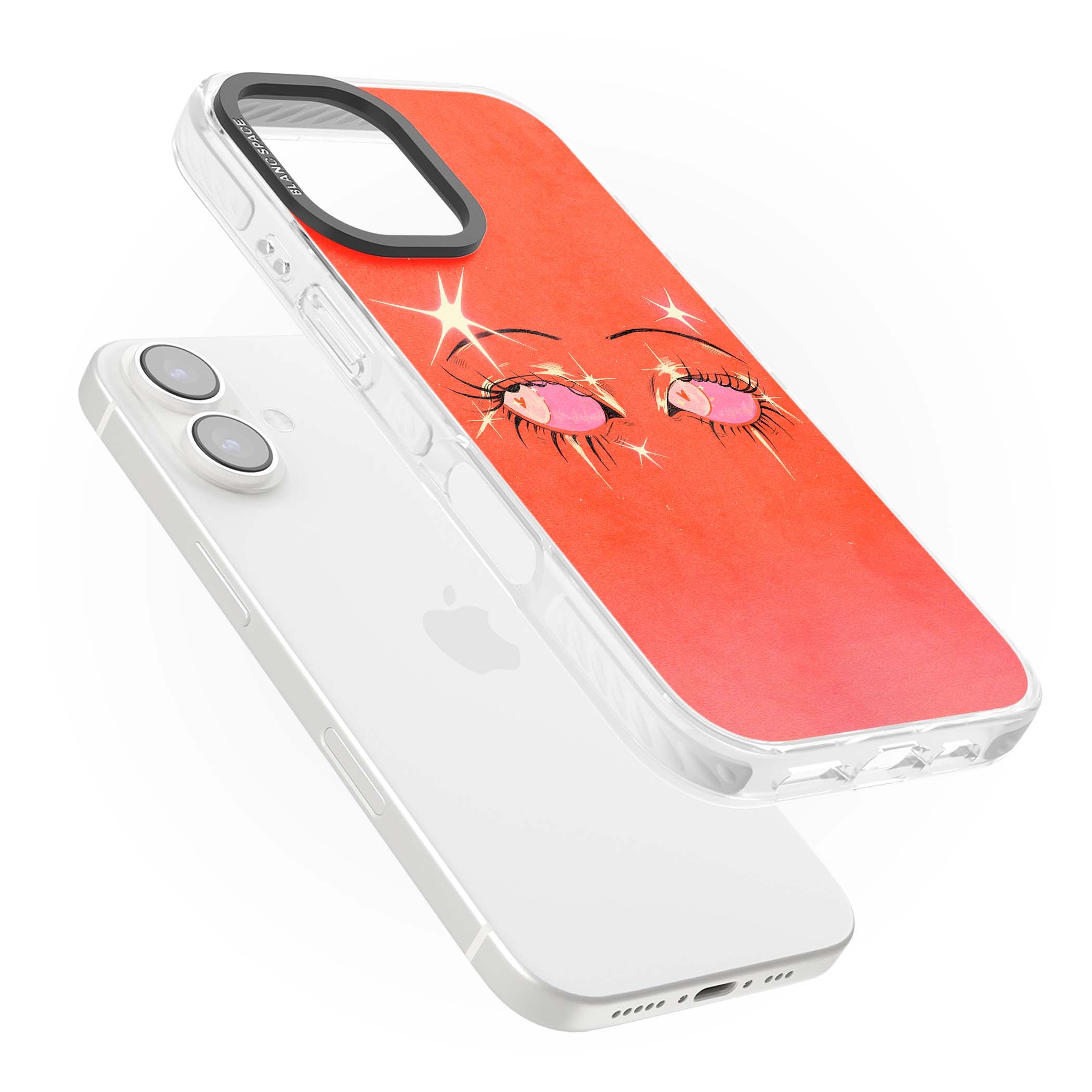 Pink Ethereal Eyes anime iPhone case featuring hand-drawn sparkly eyes with pink hearts and gold stars on red | Clear Impact case for iPhone 16, iPhone 16 Plus