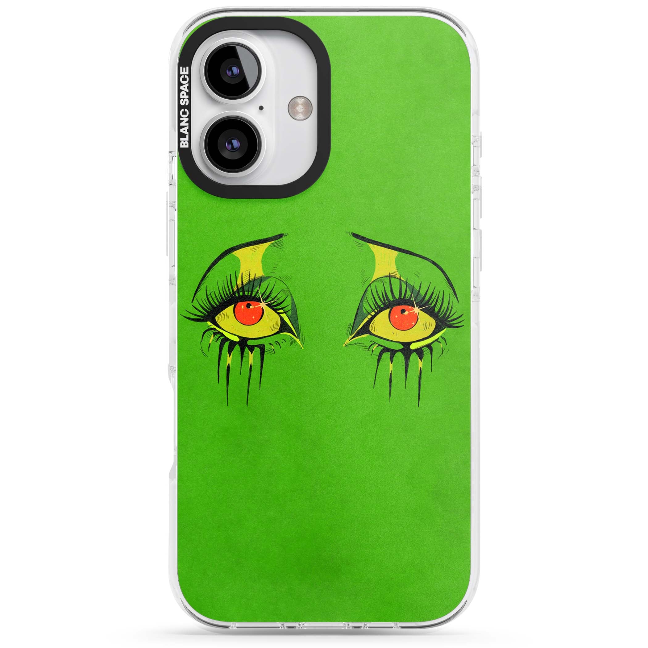 Green Enchanted Eyes psychedelic art iPhone case featuring hand-drawn dripping eyes on neon green background | Clear Impact case for iPhone 16, iPhone 16 Plus