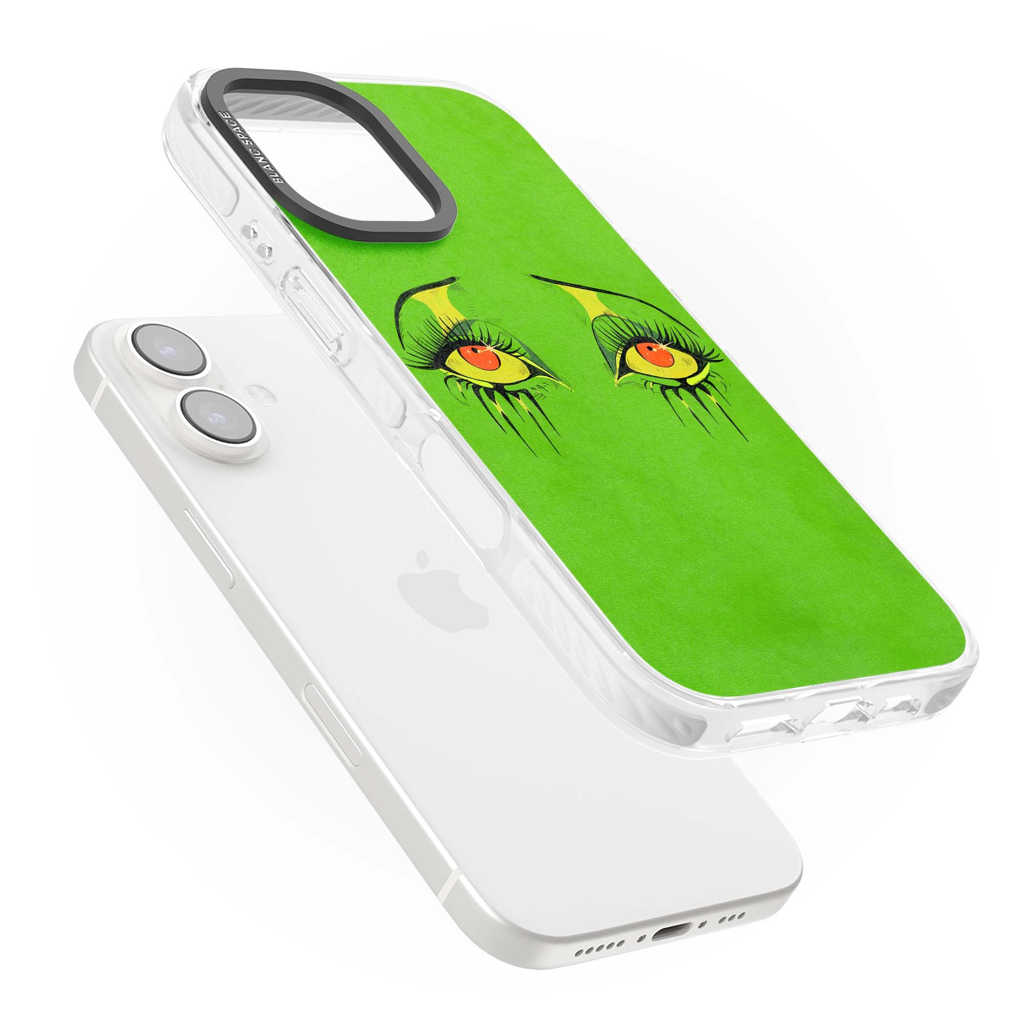 Green Enchanted Eyes psychedelic art iPhone case featuring hand-drawn dripping eyes on neon green background | Clear Impact case for iPhone 16, iPhone 16 Plus