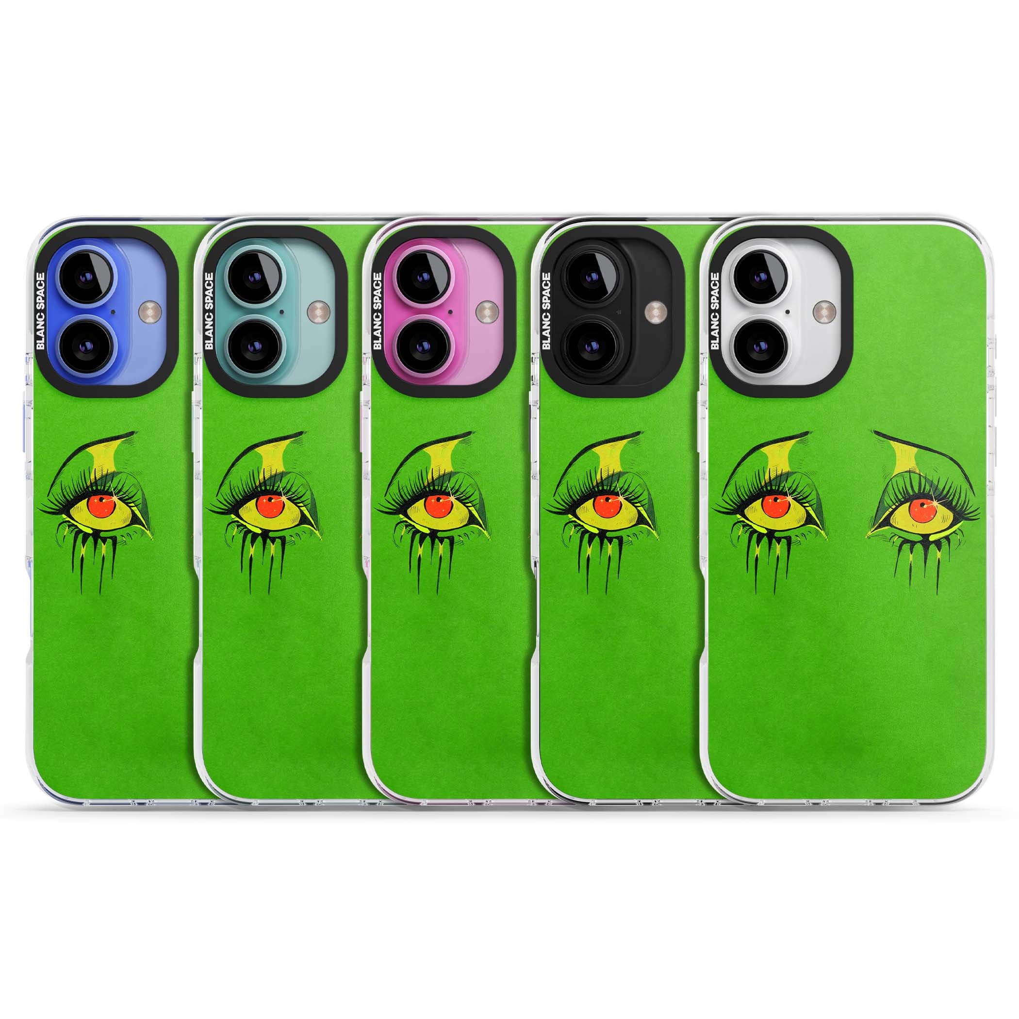 Green Enchanted Eyes psychedelic art iPhone case featuring hand-drawn dripping eyes on neon green background | Clear Impact case for iPhone 16, iPhone 16 Plus