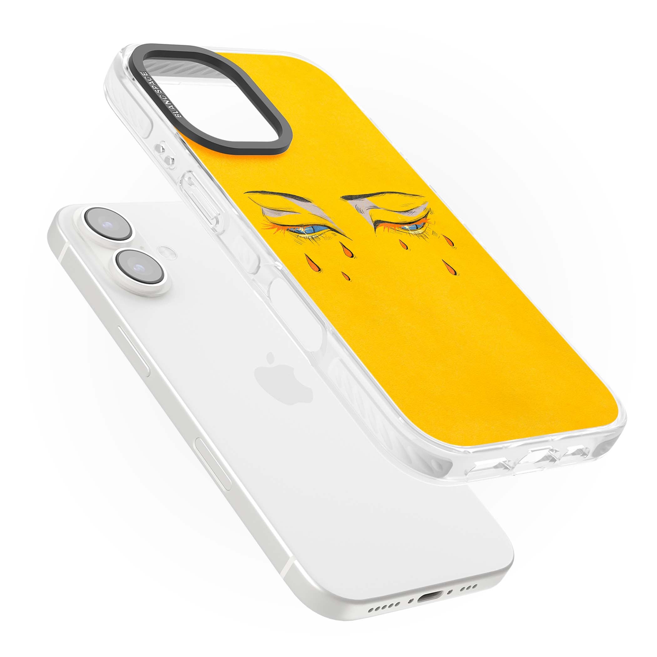Yellow Tearful Eyes indie iPhone case featuring hand-drawn crying eyes with orange tears on a yellow background | Clear Impact case for iPhone 16, iPhone 16 Plus