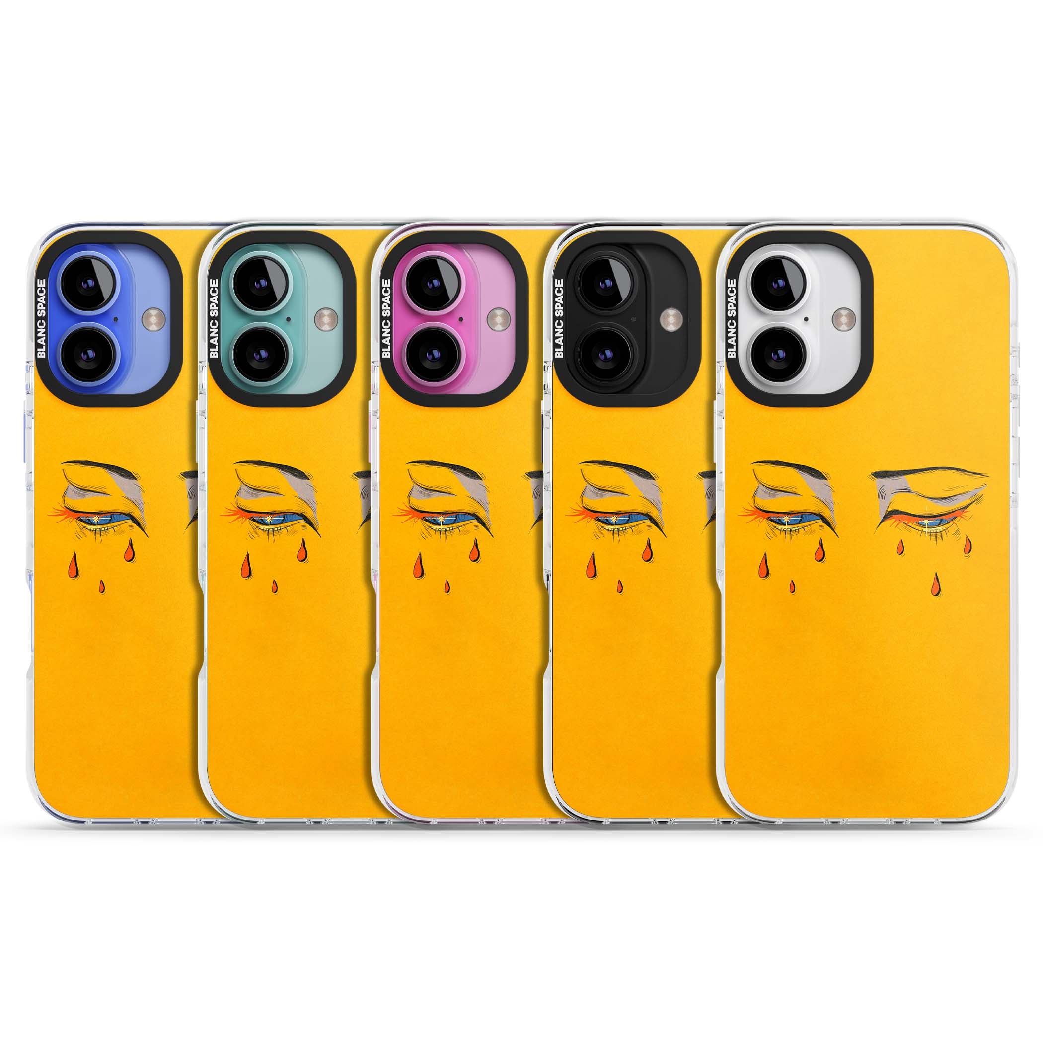 Yellow Tearful Eyes indie iPhone case featuring hand-drawn crying eyes with orange tears on a yellow background | Clear Impact case for iPhone 16, iPhone 16 Plus