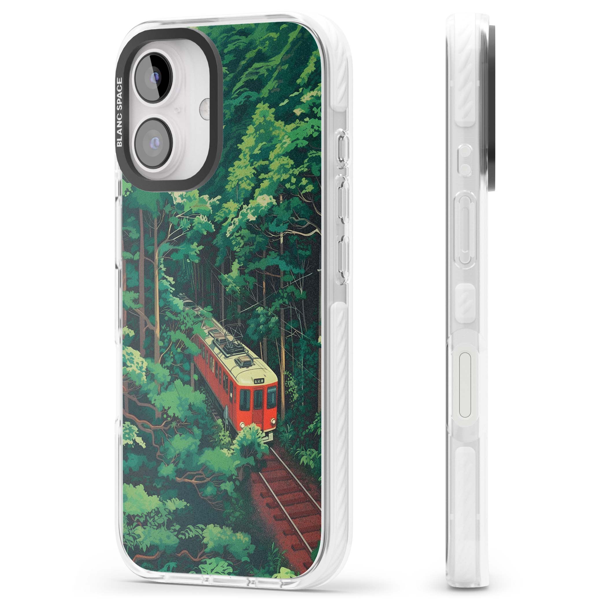 Railway In Toyama Japanese iPhone case featuring a red train, cedar forest and winding mountain railway tracks | Clear Impact case for iPhone 16, iPhone 16 Plus