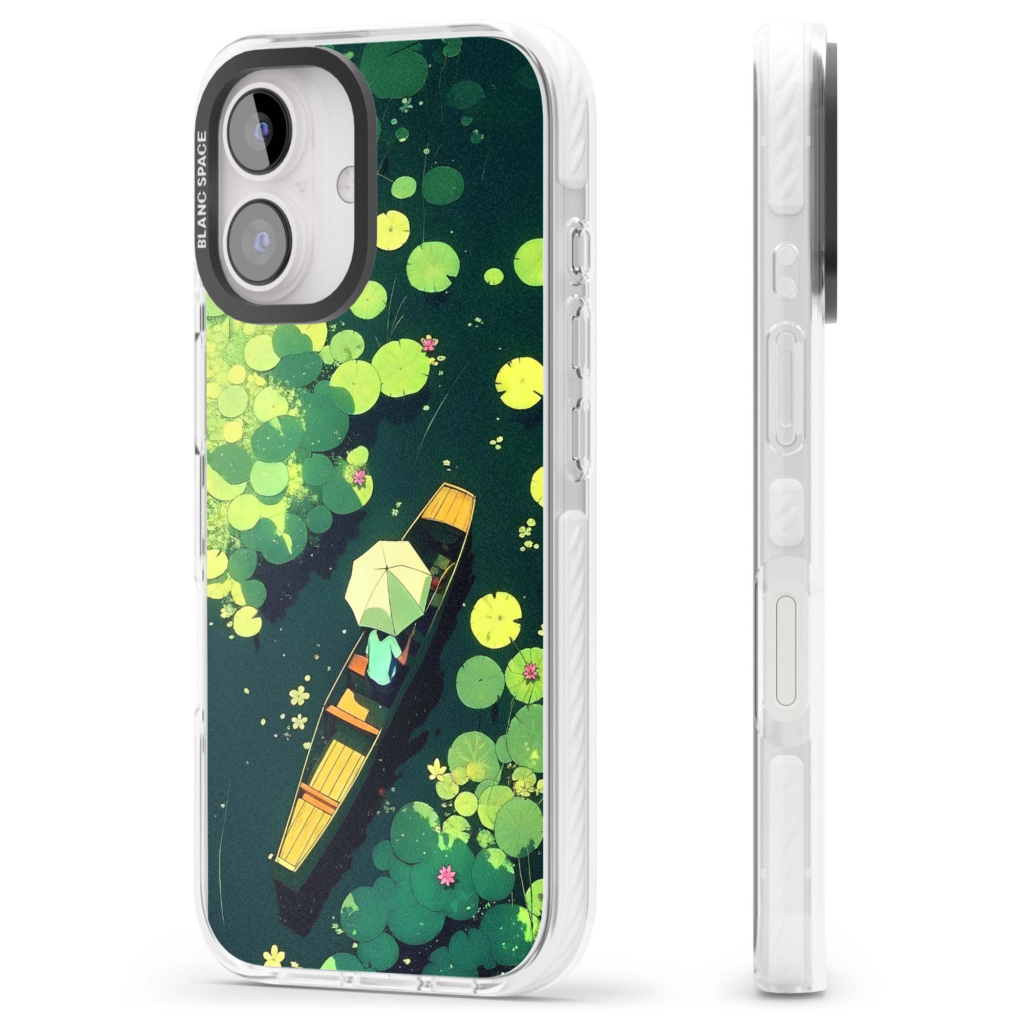 Jade Waters cottagecore iPhone case featuring a painted lily pond, wooden boat with parasol and floating water lilies | Clear Impact case for iPhone 16, iPhone 16 Plus