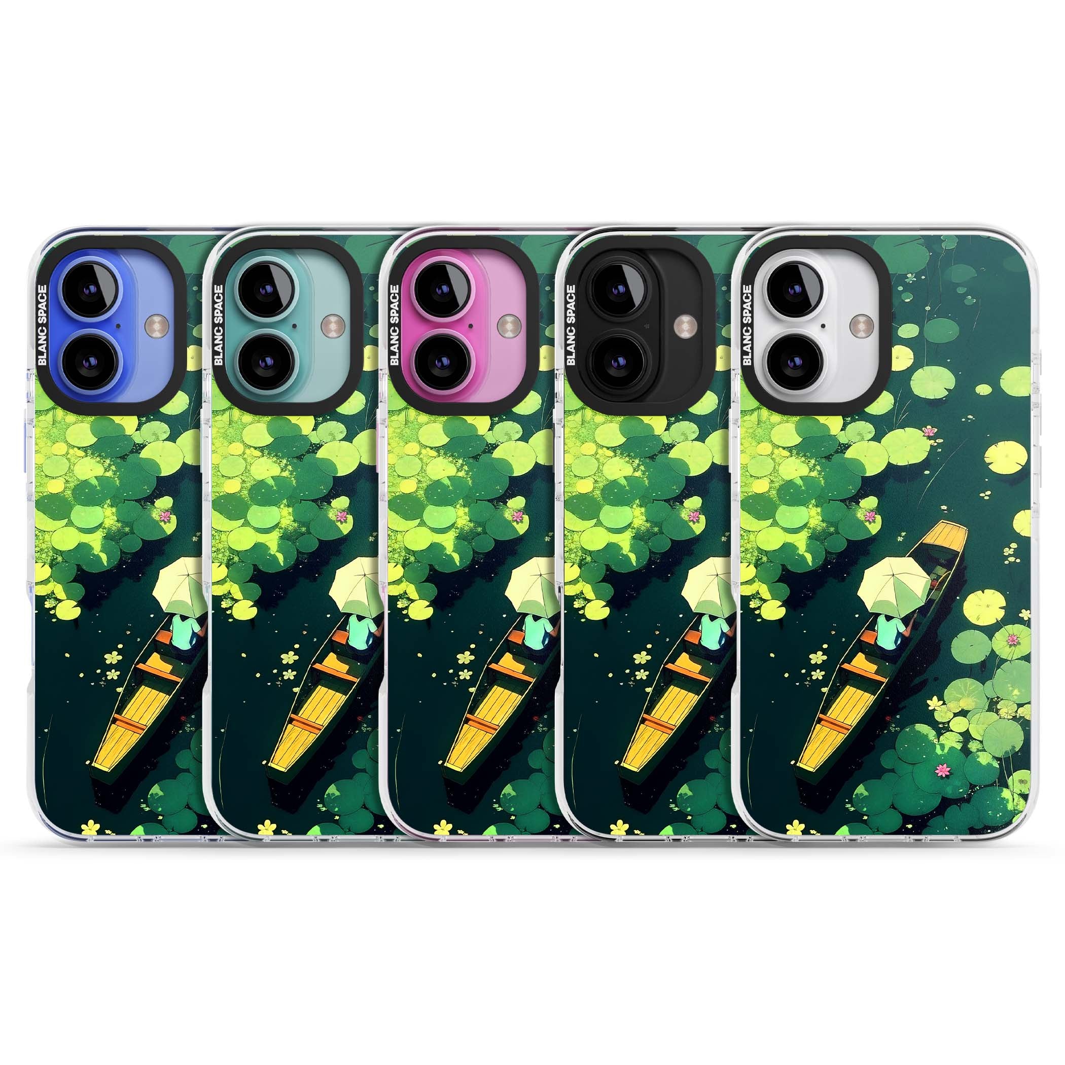 Jade Waters cottagecore iPhone case featuring a painted lily pond, wooden boat with parasol and floating water lilies | Clear Impact case for iPhone 16, iPhone 16 Plus