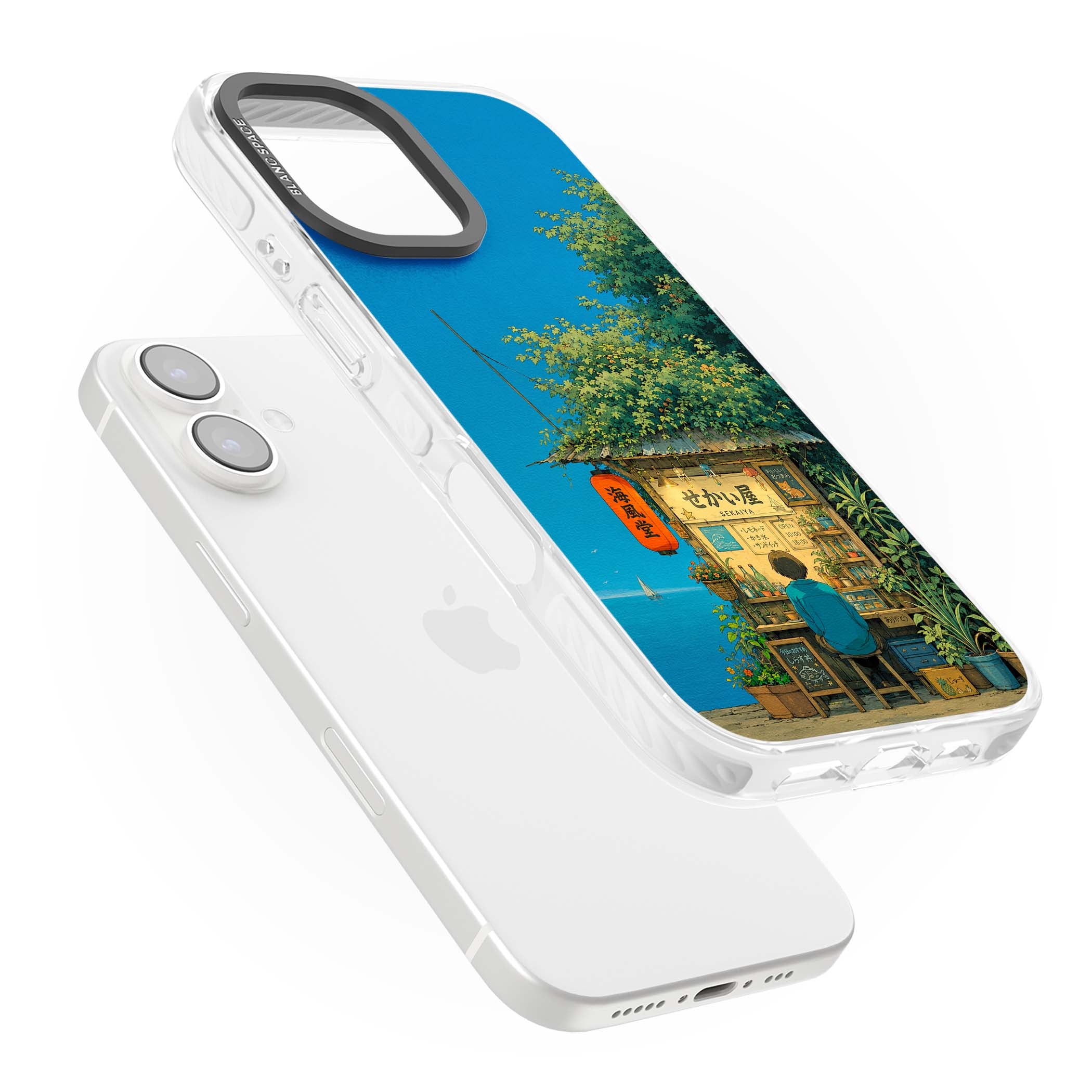 The Shirahama Kiosk anime iPhone case featuring a Japanese seaside shop, red paper lantern and ocean view | Clear Impact case for iPhone 16, iPhone 16 Plus