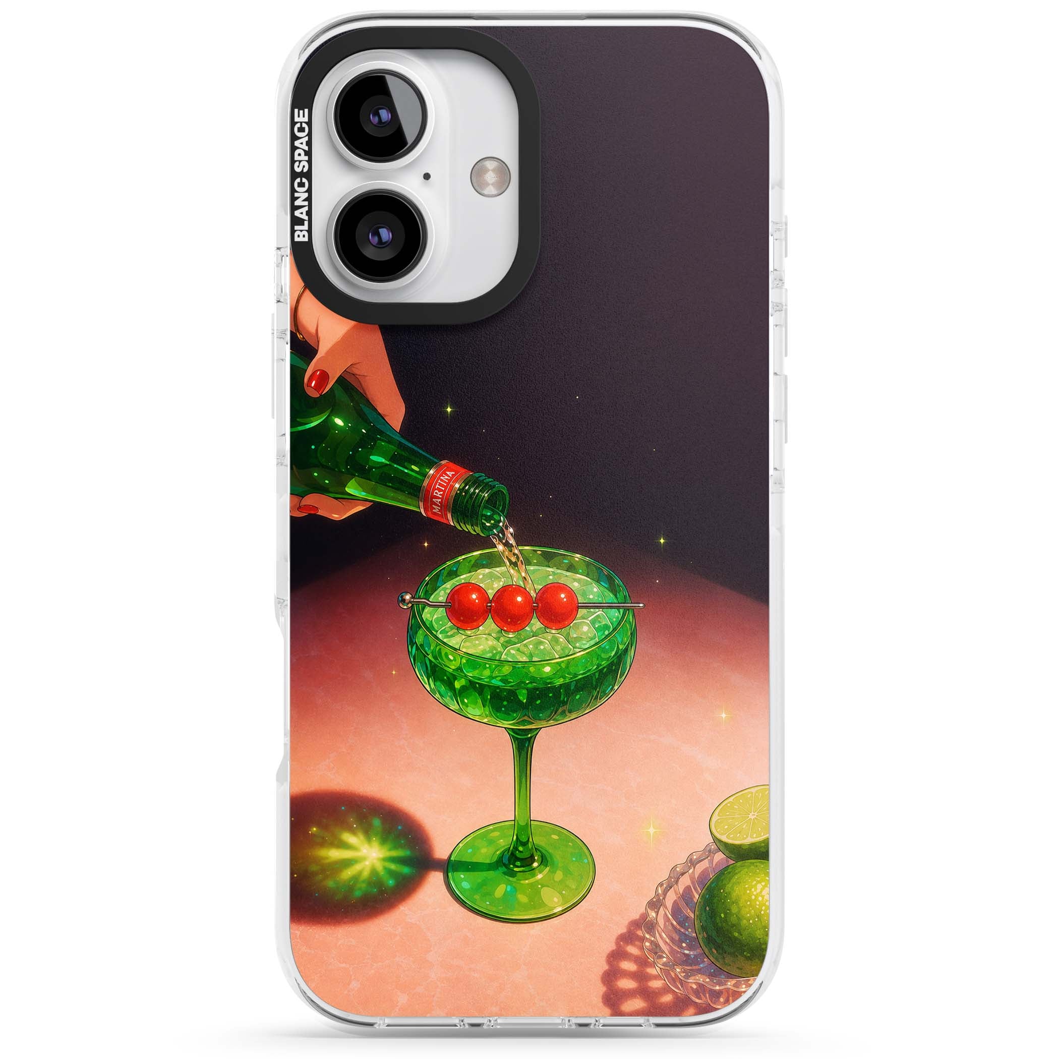 Absinthe Hour cocktail iPhone case featuring a green coupe glass, cherry garnish and vintage bottle pour illustration | Clear Impact case for iPhone 16, iPhone 16 Plus