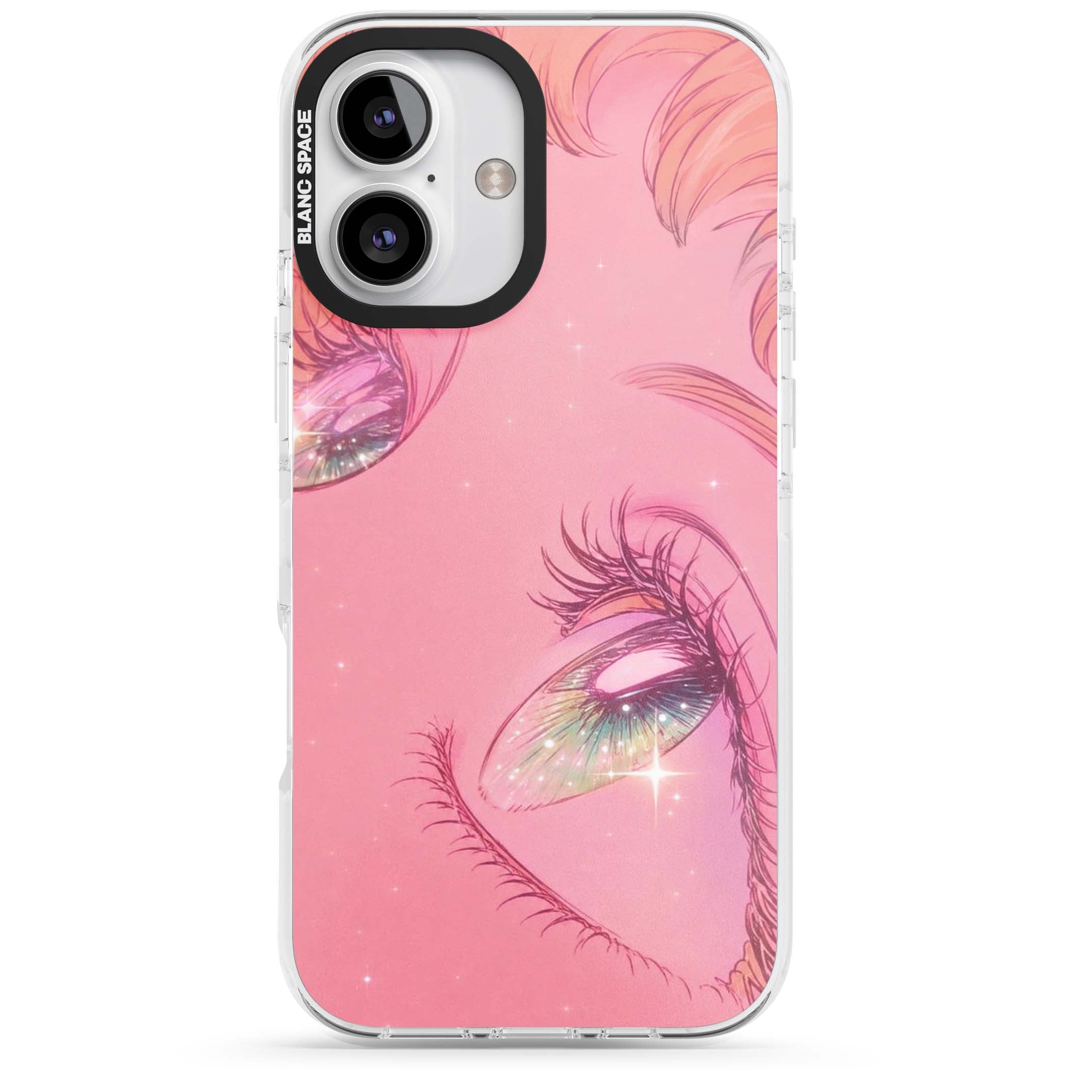Pink Ethereal Gaze anime iPhone case featuring sparkling manga eyes, coral lashes and dreamy peach sky | Clear Impact case for iPhone 16, iPhone 16 Plus