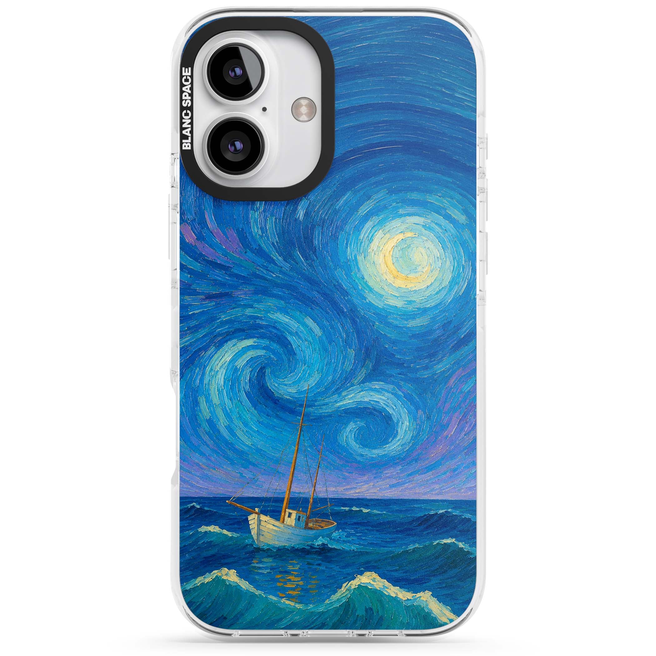 Moonlit Tide Van Gogh art iPhone case featuring swirling starry night sky, glowing moon and lone sailing boat at sea | Clear Impact case for iPhone 16, iPhone 16 Plus