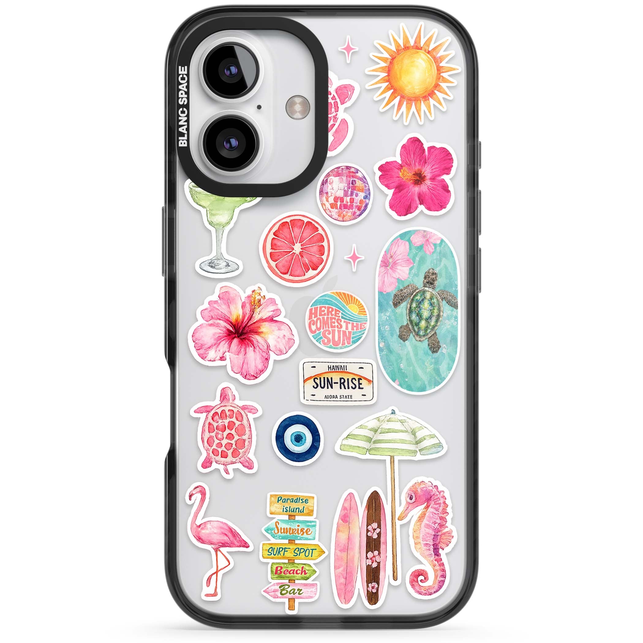 Aloha Sticker Mix tropical summer iPhone case featuring pink hibiscus, sea turtles, flamingo and beach umbrella stickers | Black Impact case for iPhone 16, iPhone 16 Plus