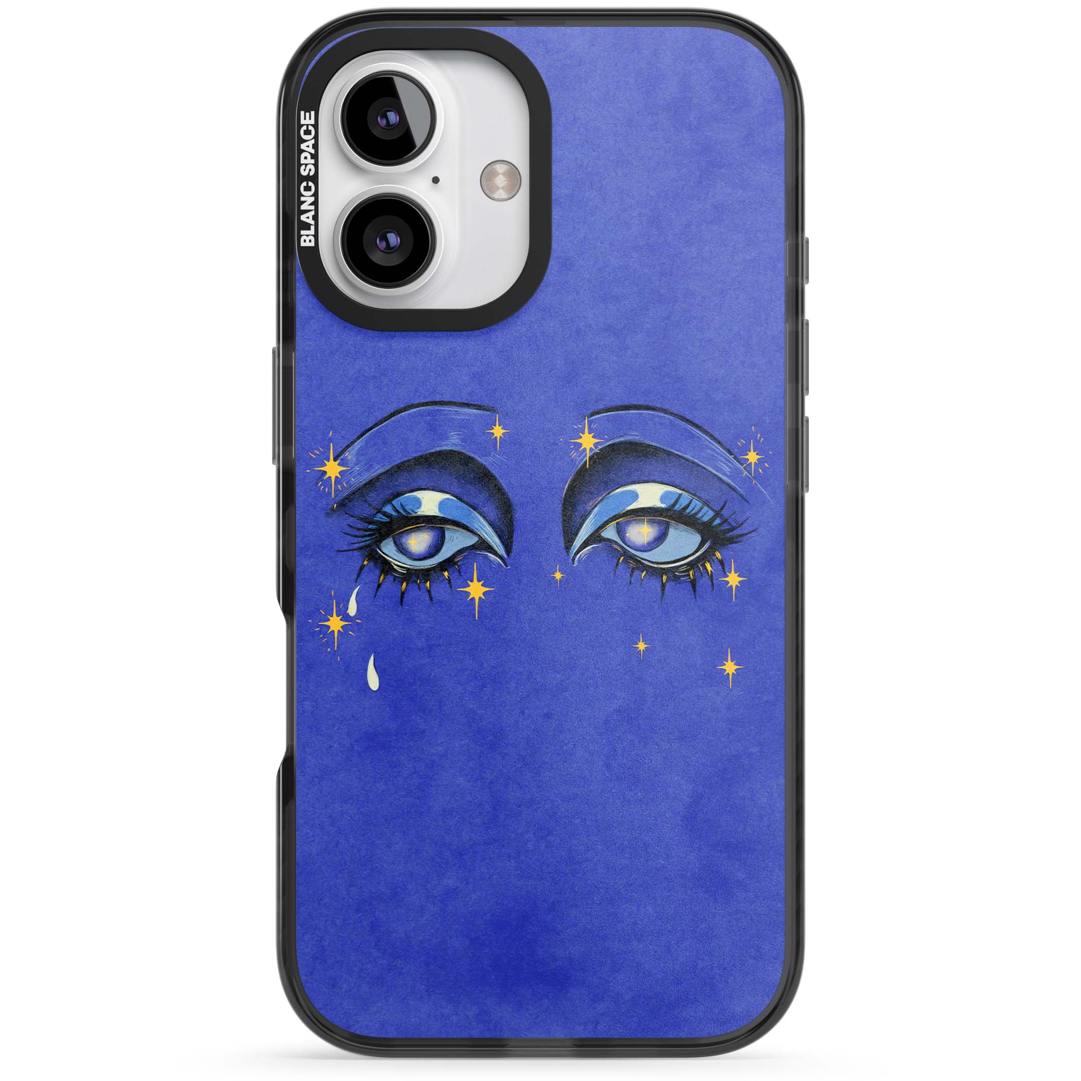 Blue Mystic Eyes celestial iPhone case featuring hand drawn blue mystical eyes, golden stars and a painted tear on indigo | Black Impact case for iPhone 16, iPhone 16 Plus