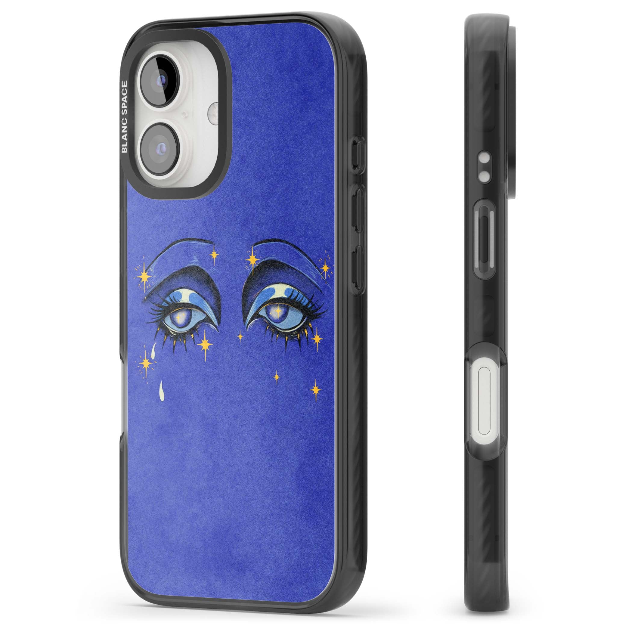 Blue Mystic Eyes celestial iPhone case featuring hand drawn blue mystical eyes, golden stars and a painted tear on indigo | Black Impact case for iPhone 16, iPhone 16 Plus