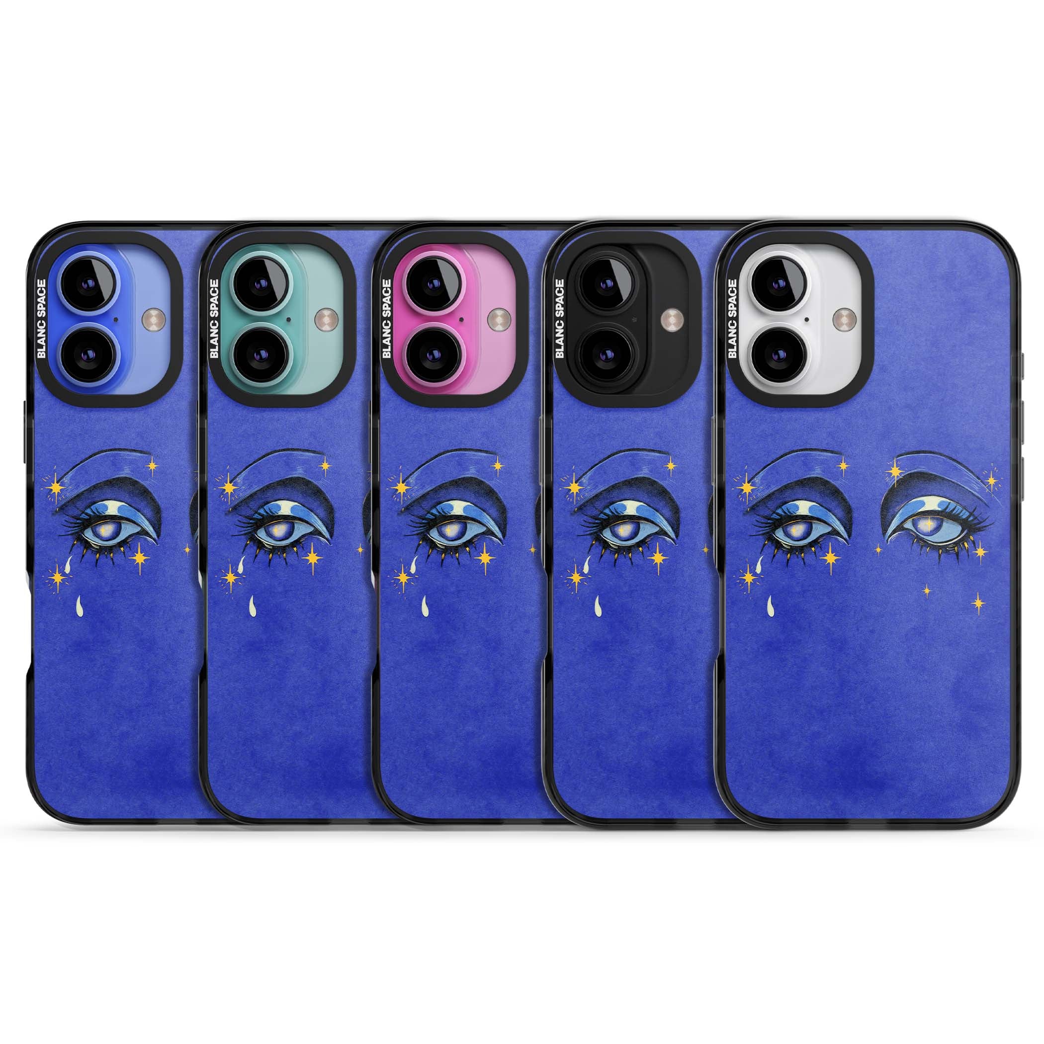 Blue Mystic Eyes celestial iPhone case featuring hand drawn blue mystical eyes, golden stars and a painted tear on indigo | Black Impact case for iPhone 16, iPhone 16 Plus