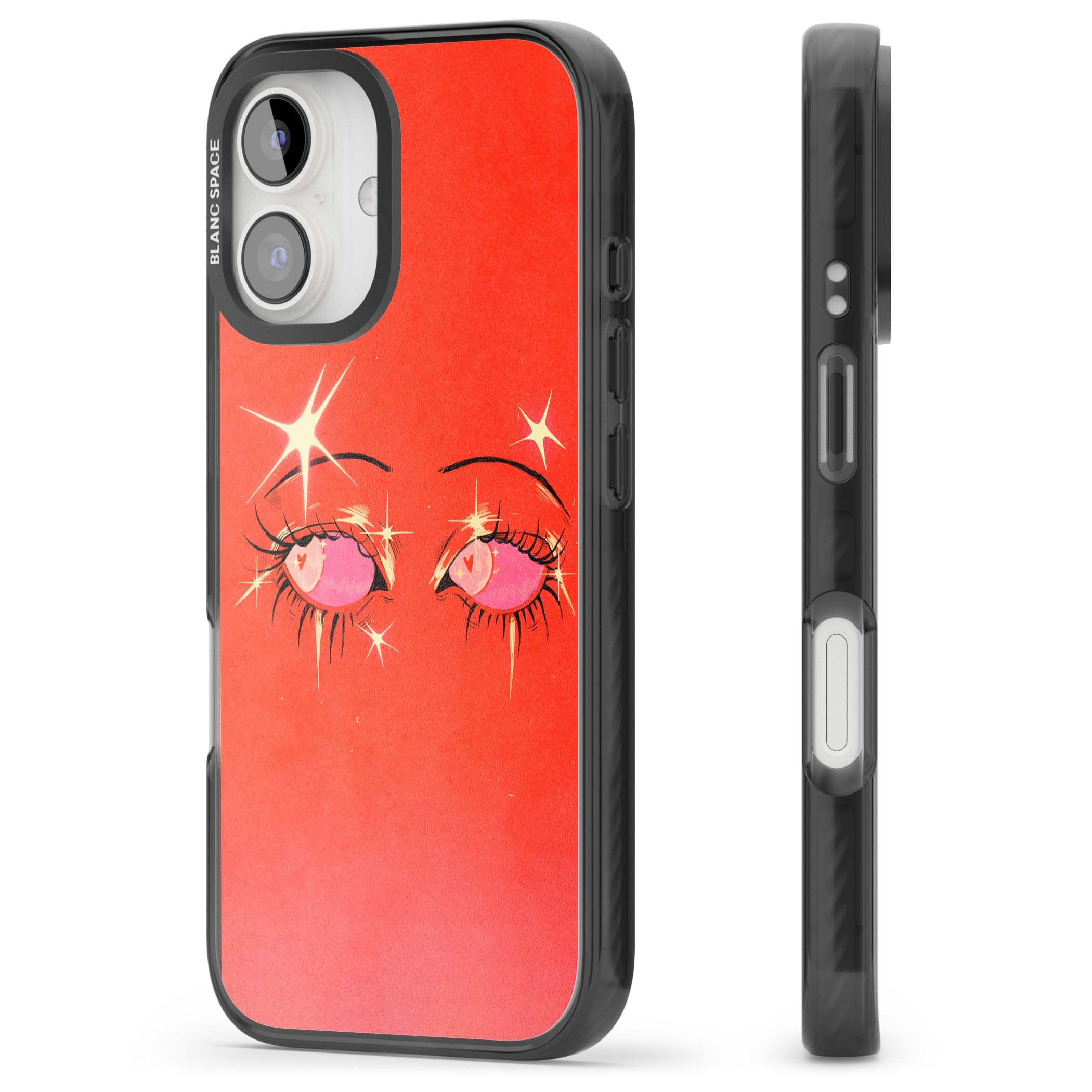 Pink Ethereal Eyes anime iPhone case featuring hand-drawn sparkly eyes with pink hearts and gold stars on red | Black Impact case for iPhone 16, iPhone 16 Plus