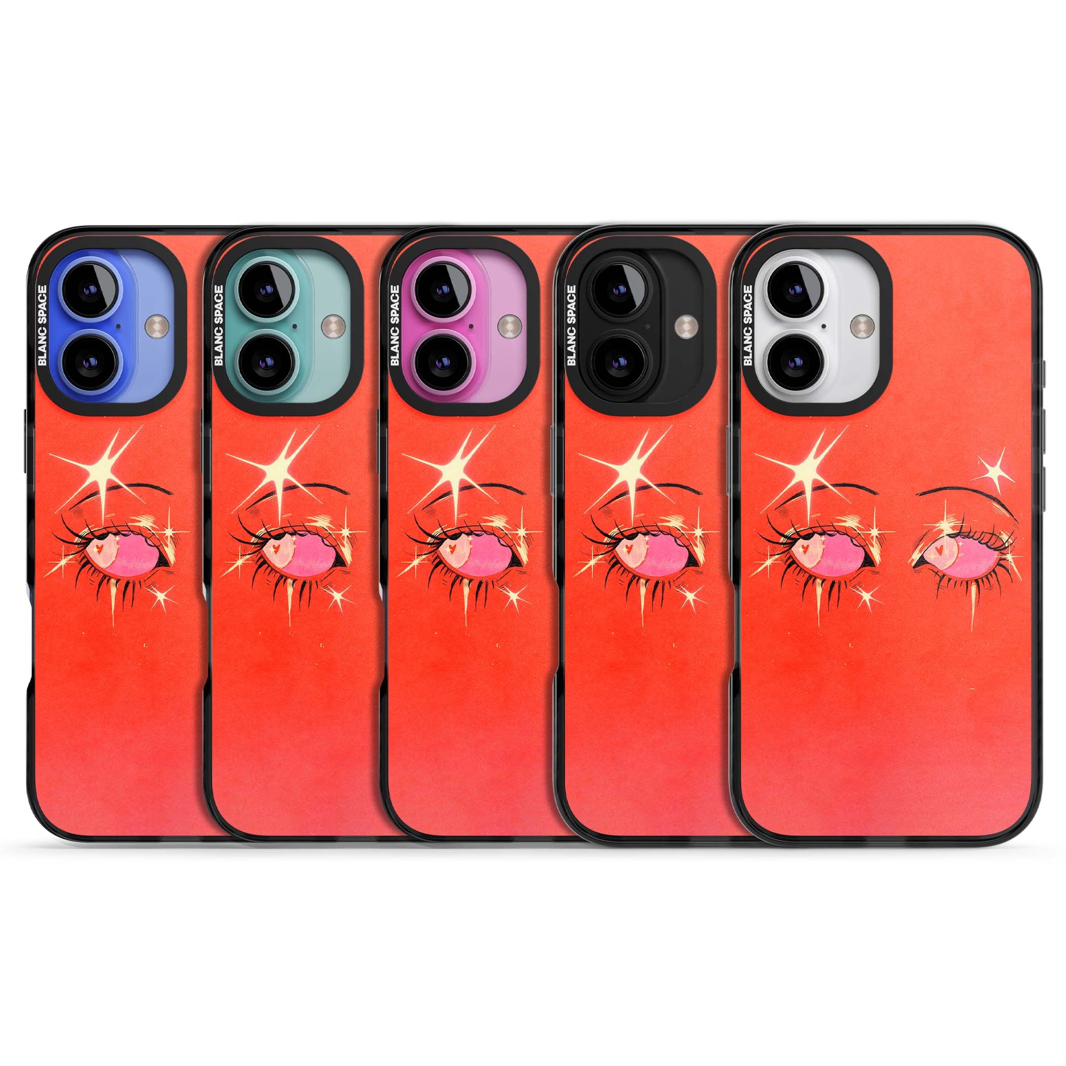 Pink Ethereal Eyes anime iPhone case featuring hand-drawn sparkly eyes with pink hearts and gold stars on red | Black Impact case for iPhone 16, iPhone 16 Plus
