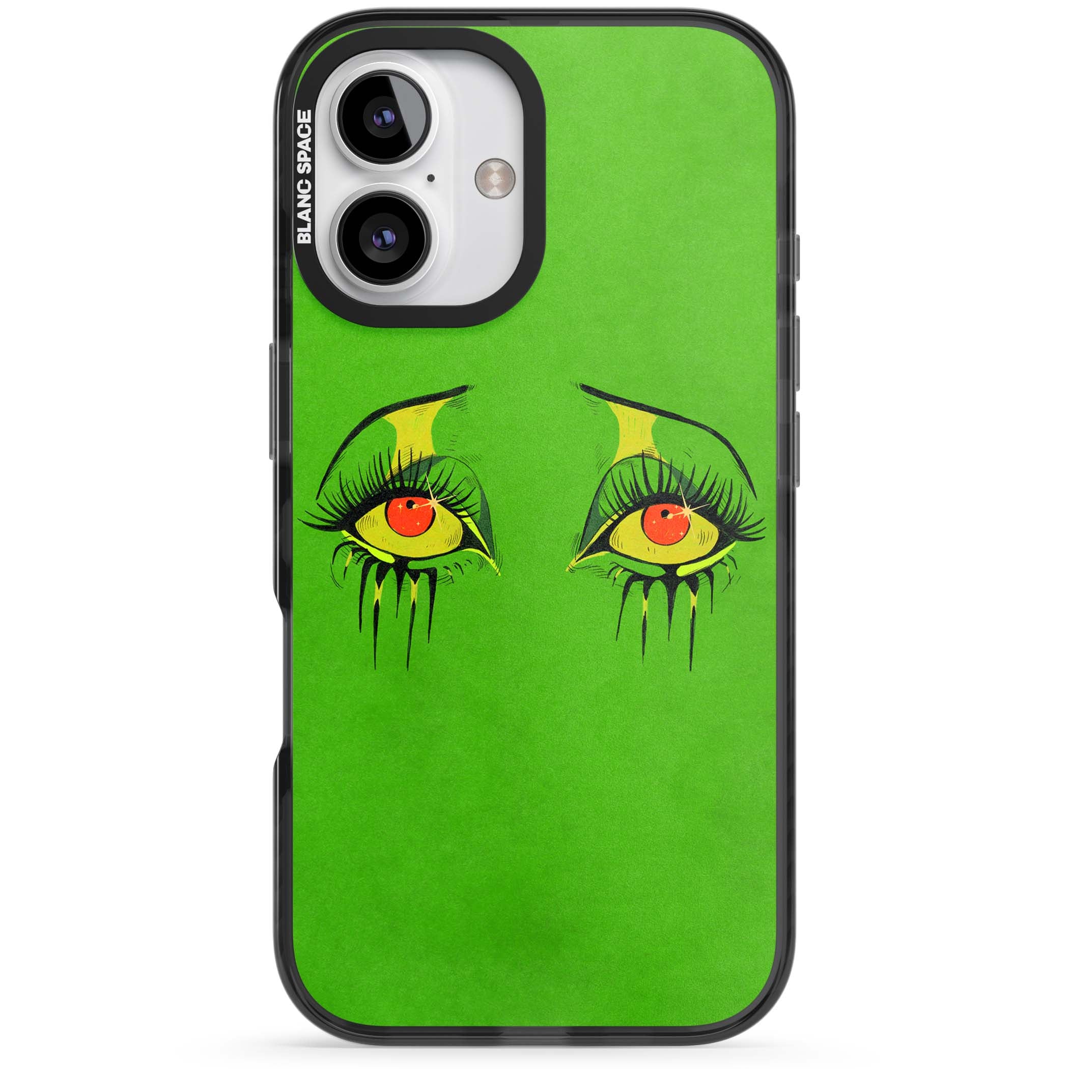 Green Enchanted Eyes psychedelic art iPhone case featuring hand-drawn dripping eyes on neon green background | Black Impact case for iPhone 16, iPhone 16 Plus
