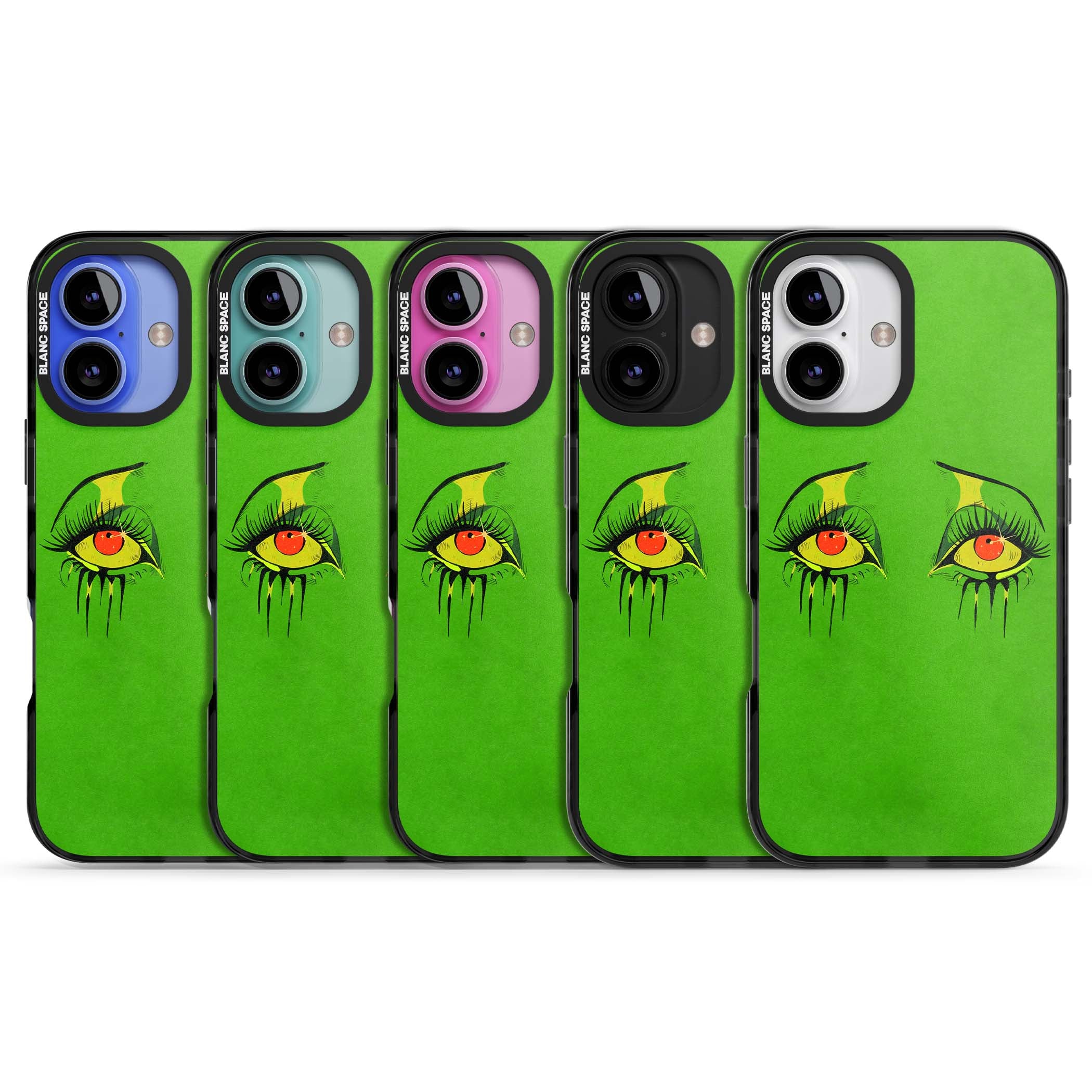 Green Enchanted Eyes psychedelic art iPhone case featuring hand-drawn dripping eyes on neon green background | Black Impact case for iPhone 16, iPhone 16 Plus