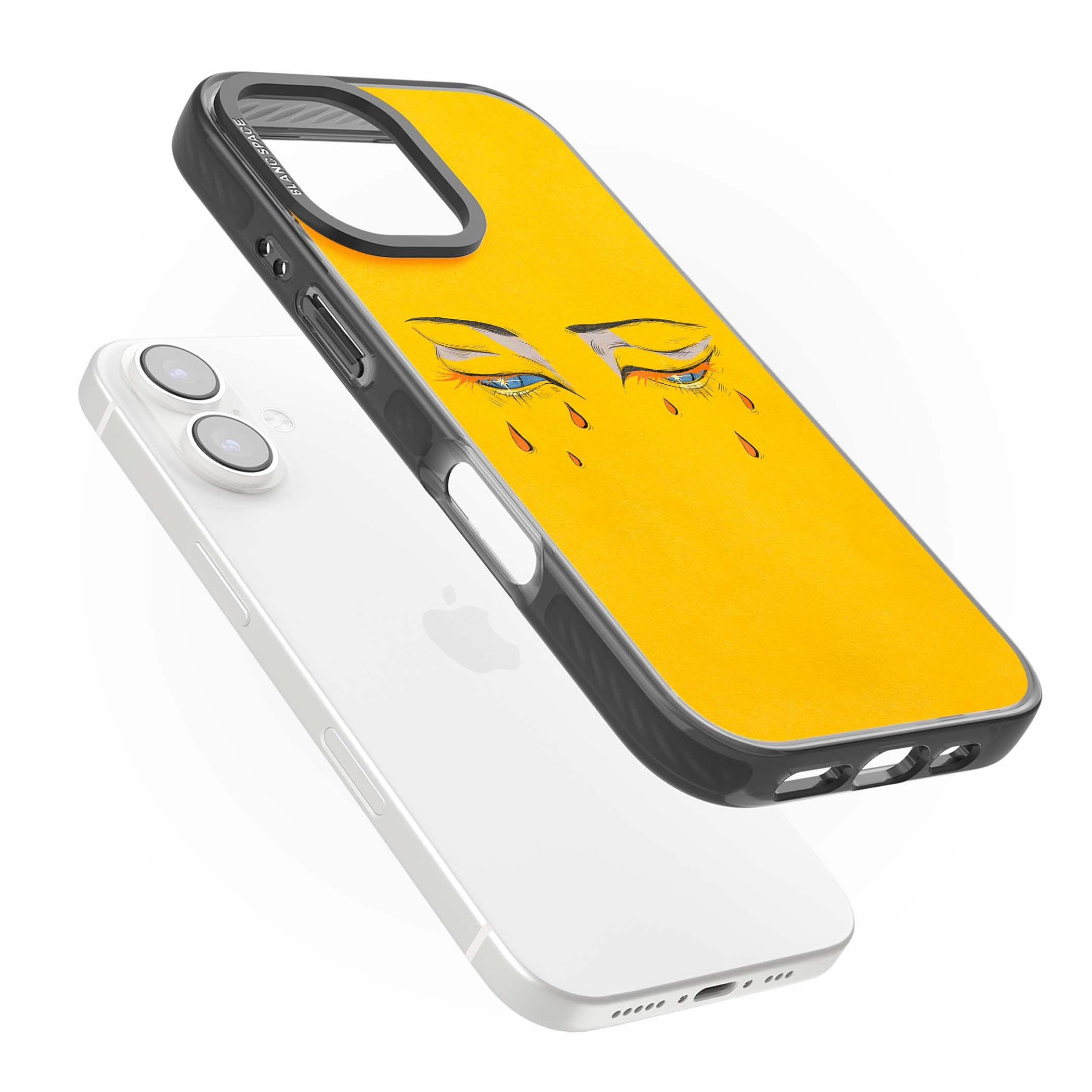 Yellow Tearful Eyes indie iPhone case featuring hand-drawn crying eyes with orange tears on a yellow background | Black Impact case for iPhone 16, iPhone 16 Plus