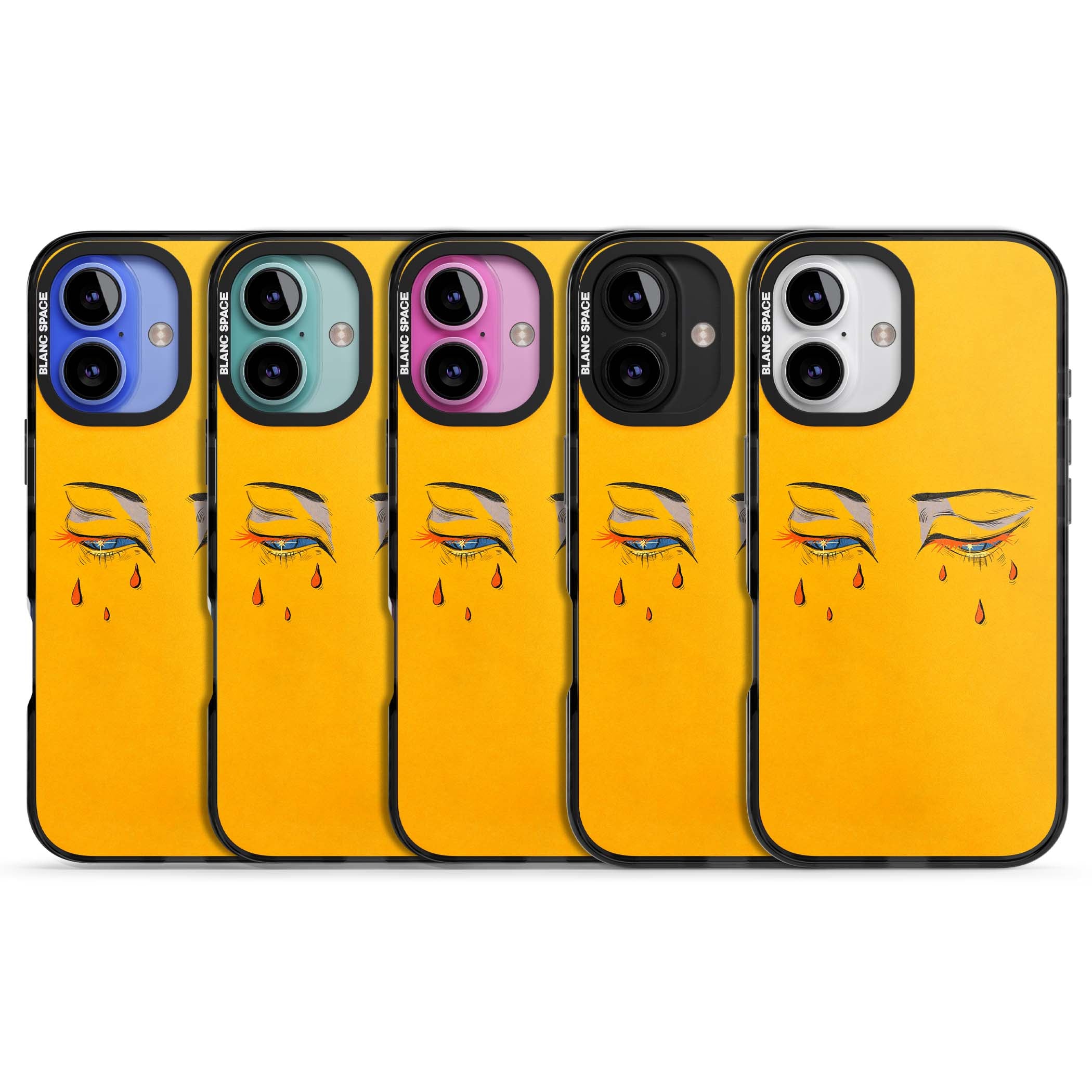 Yellow Tearful Eyes indie iPhone case featuring hand-drawn crying eyes with orange tears on a yellow background | Black Impact case for iPhone 16, iPhone 16 Plus