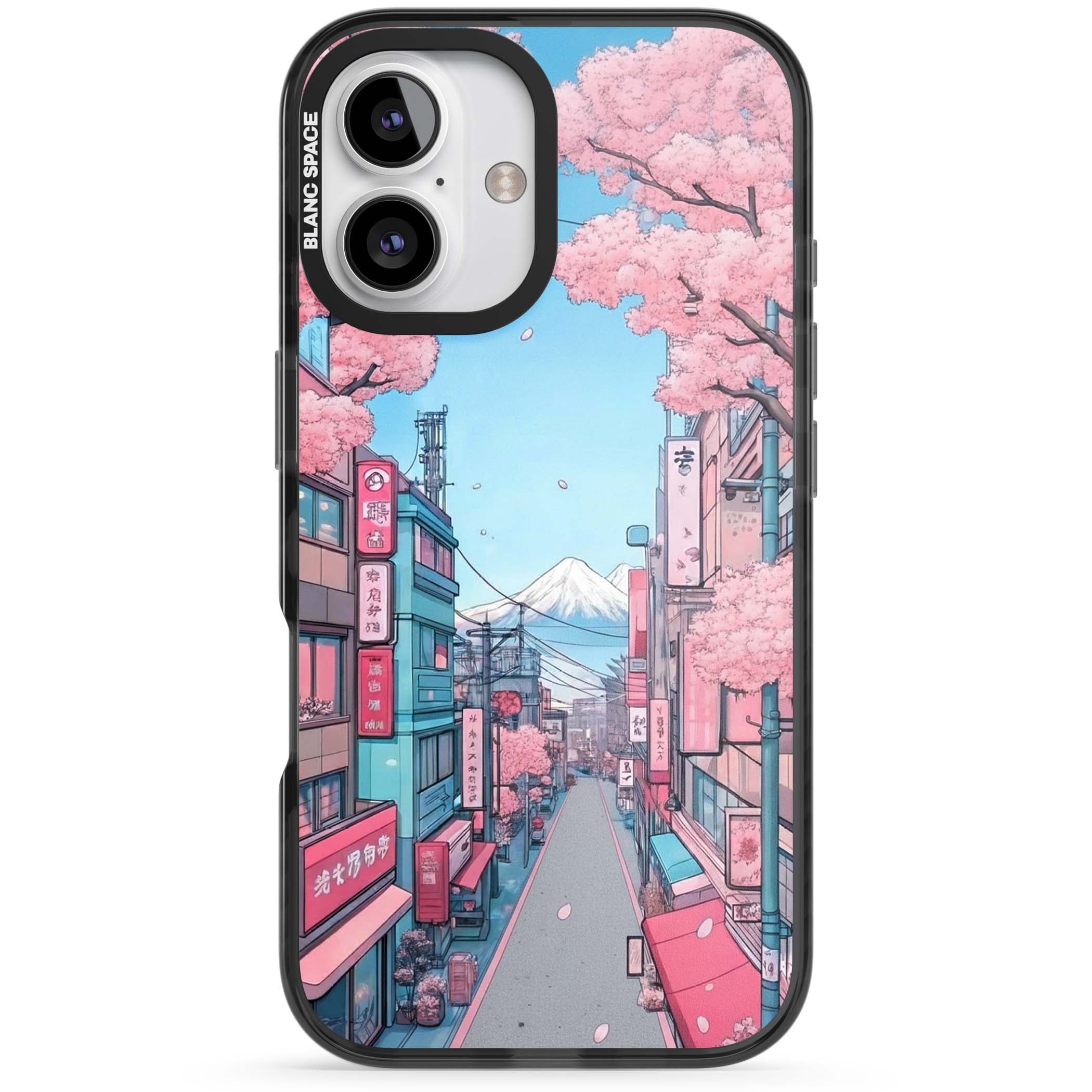 Sakura Lane anime iPhone case featuring Tokyo street scene with cherry blossoms and Mount Fuji | Black Impact case for iPhone 16, iPhone 16 Plus