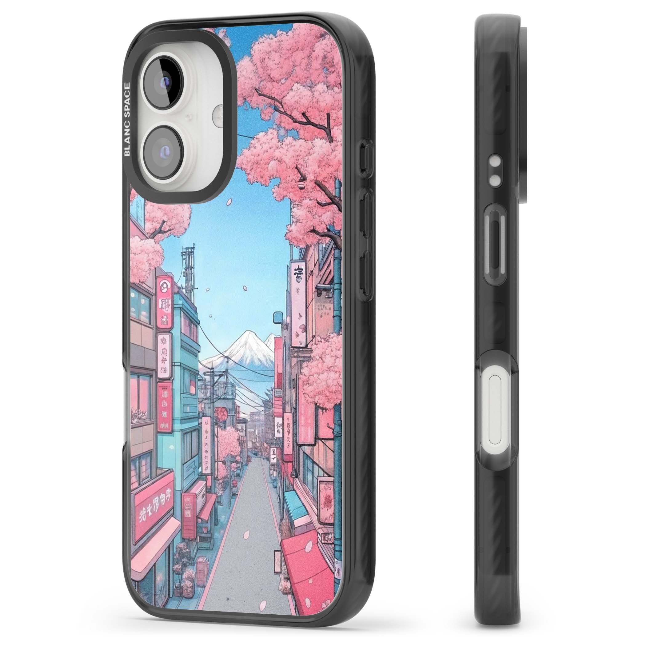 Sakura Lane anime iPhone case featuring Tokyo street scene with cherry blossoms and Mount Fuji | Black Impact case for iPhone 16, iPhone 16 Plus