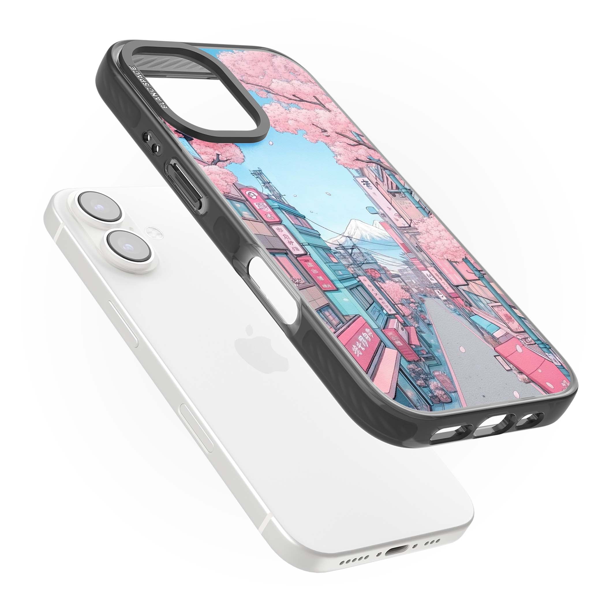 Sakura Lane anime iPhone case featuring Tokyo street scene with cherry blossoms and Mount Fuji | Black Impact case for iPhone 16, iPhone 16 Plus