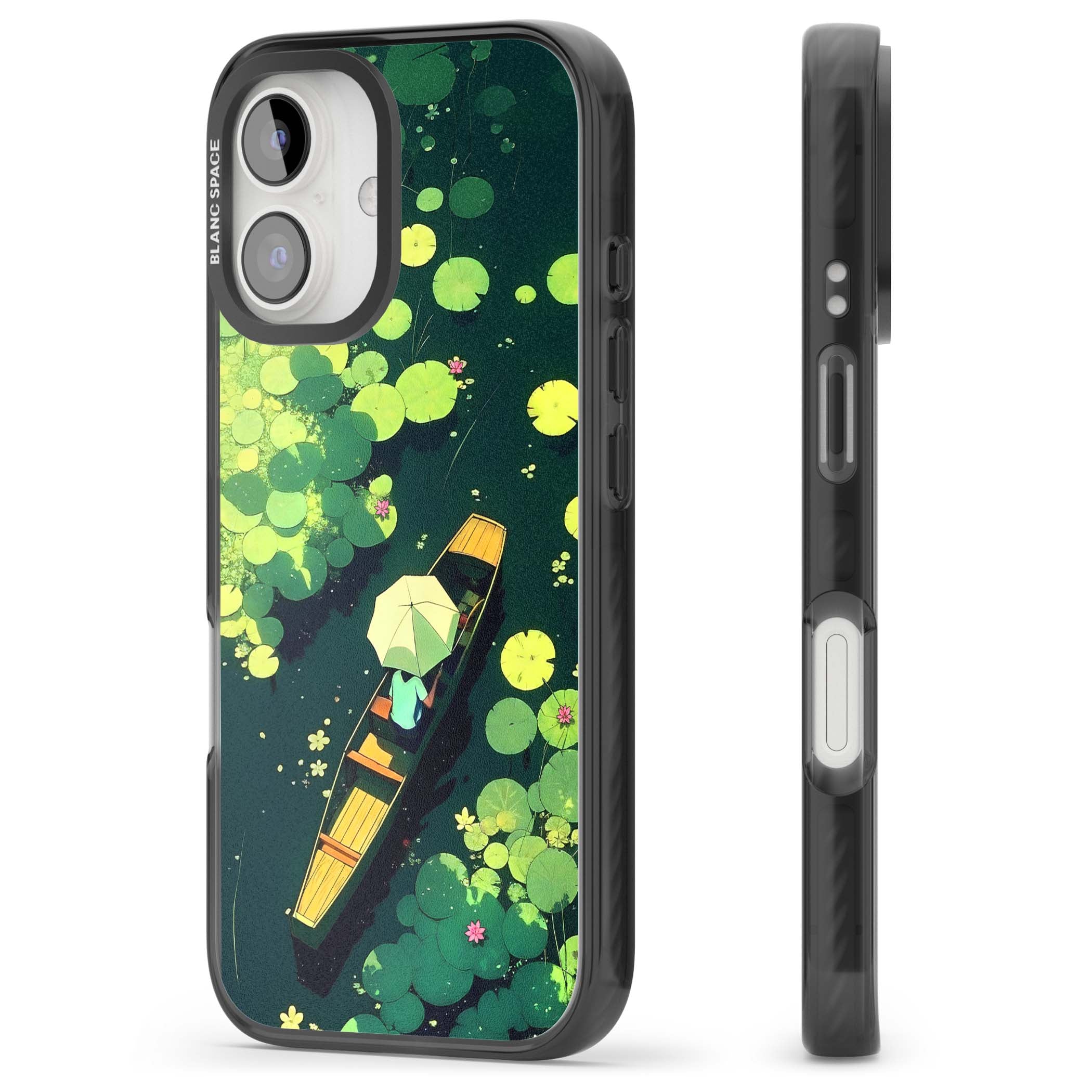 Jade Waters cottagecore iPhone case featuring a painted lily pond, wooden boat with parasol and floating water lilies | Black Impact case for iPhone 16, iPhone 16 Plus