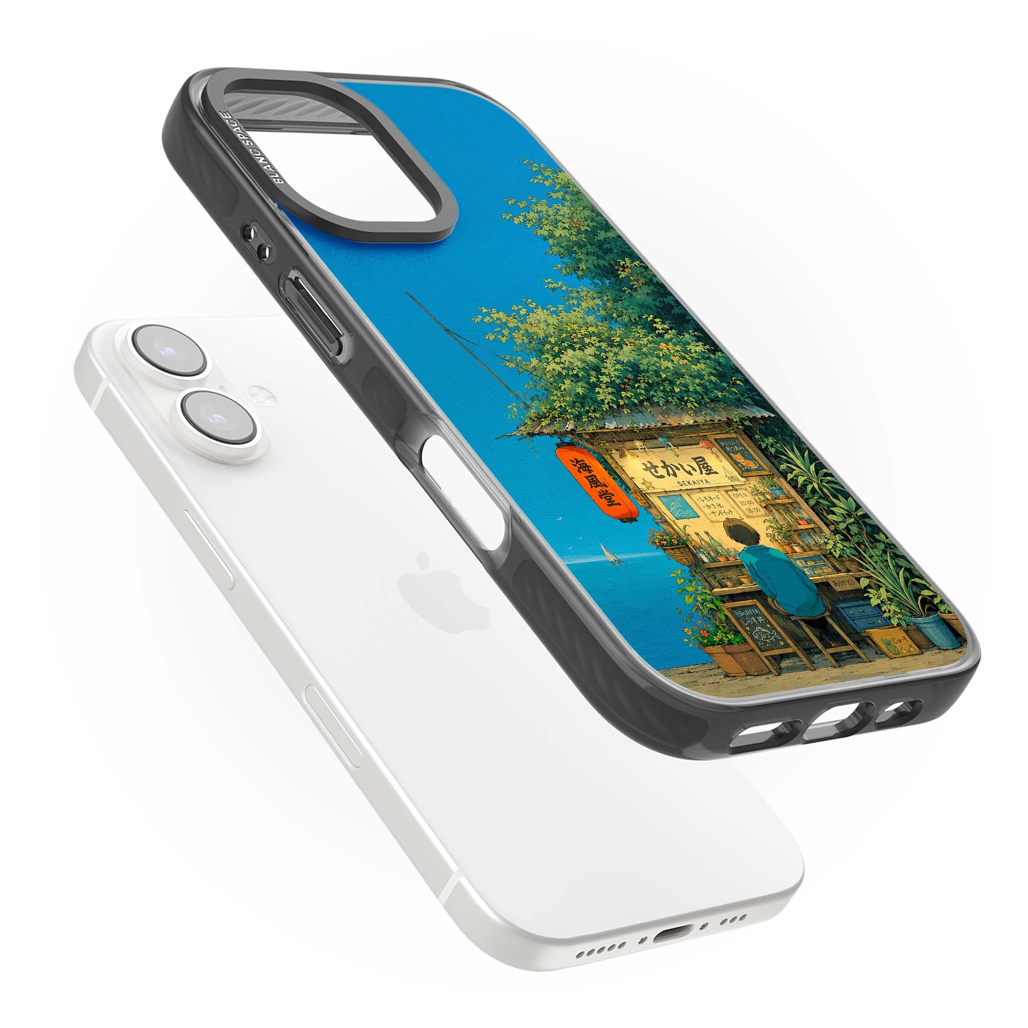 The Shirahama Kiosk anime iPhone case featuring a Japanese seaside shop, red paper lantern and ocean view | Black Impact case for iPhone 16, iPhone 16 Plus