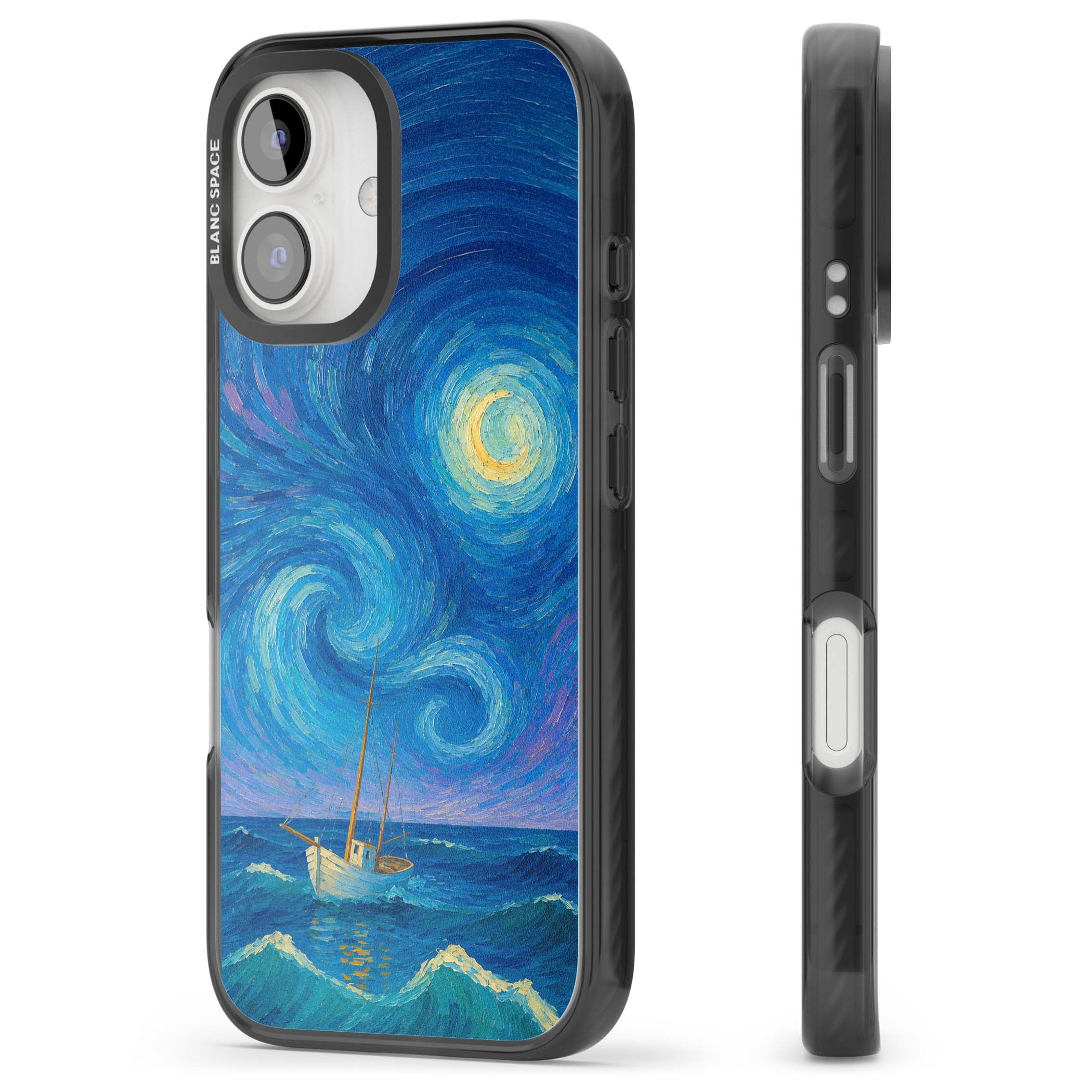 Moonlit Tide Van Gogh art iPhone case featuring swirling starry night sky, glowing moon and lone sailing boat at sea | Black Impact case for iPhone 16, iPhone 16 Plus